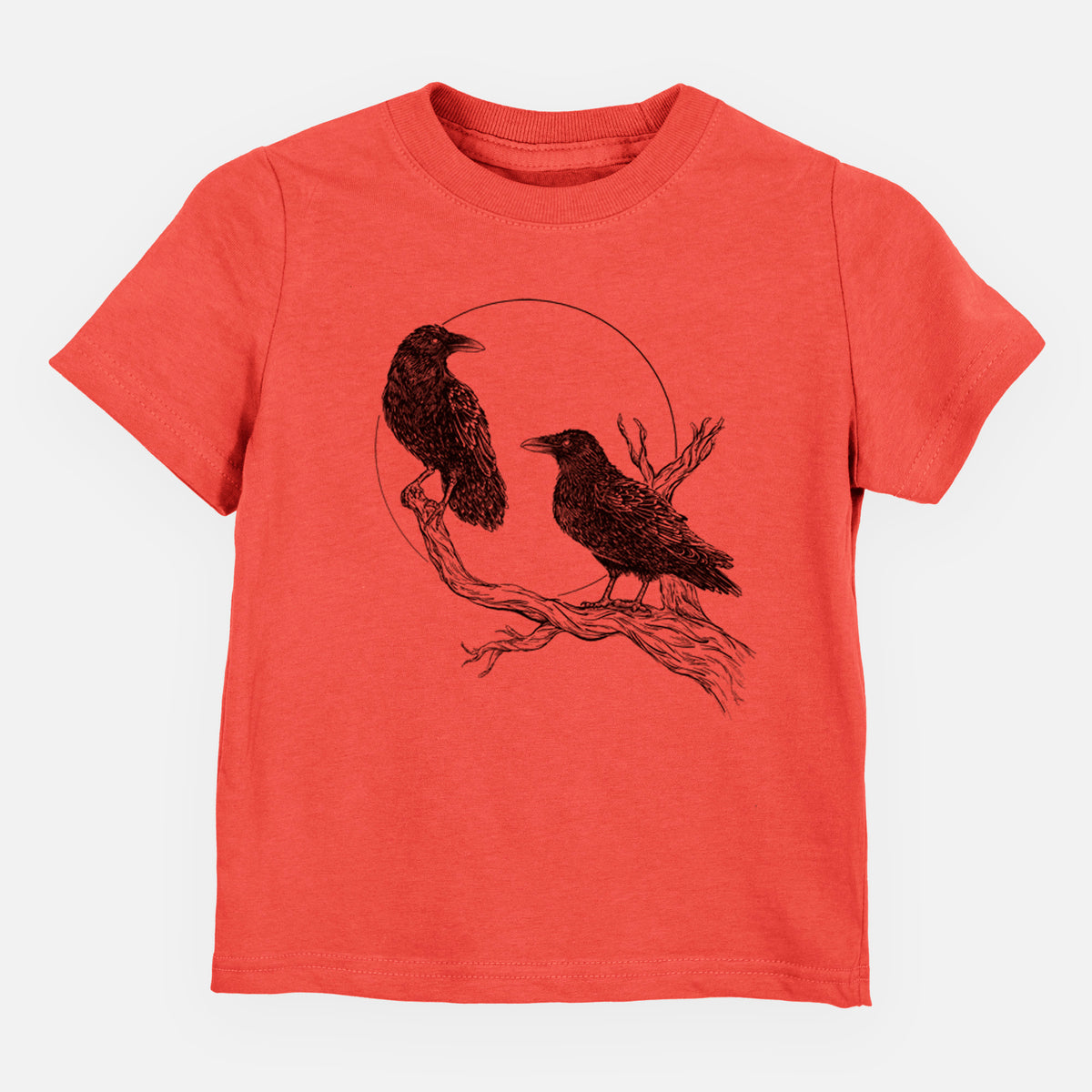 Passionfruit pink toddler t-shirt laid flat, printed with a black ink illustration of two ravens perched on a branch in front of a full moon.