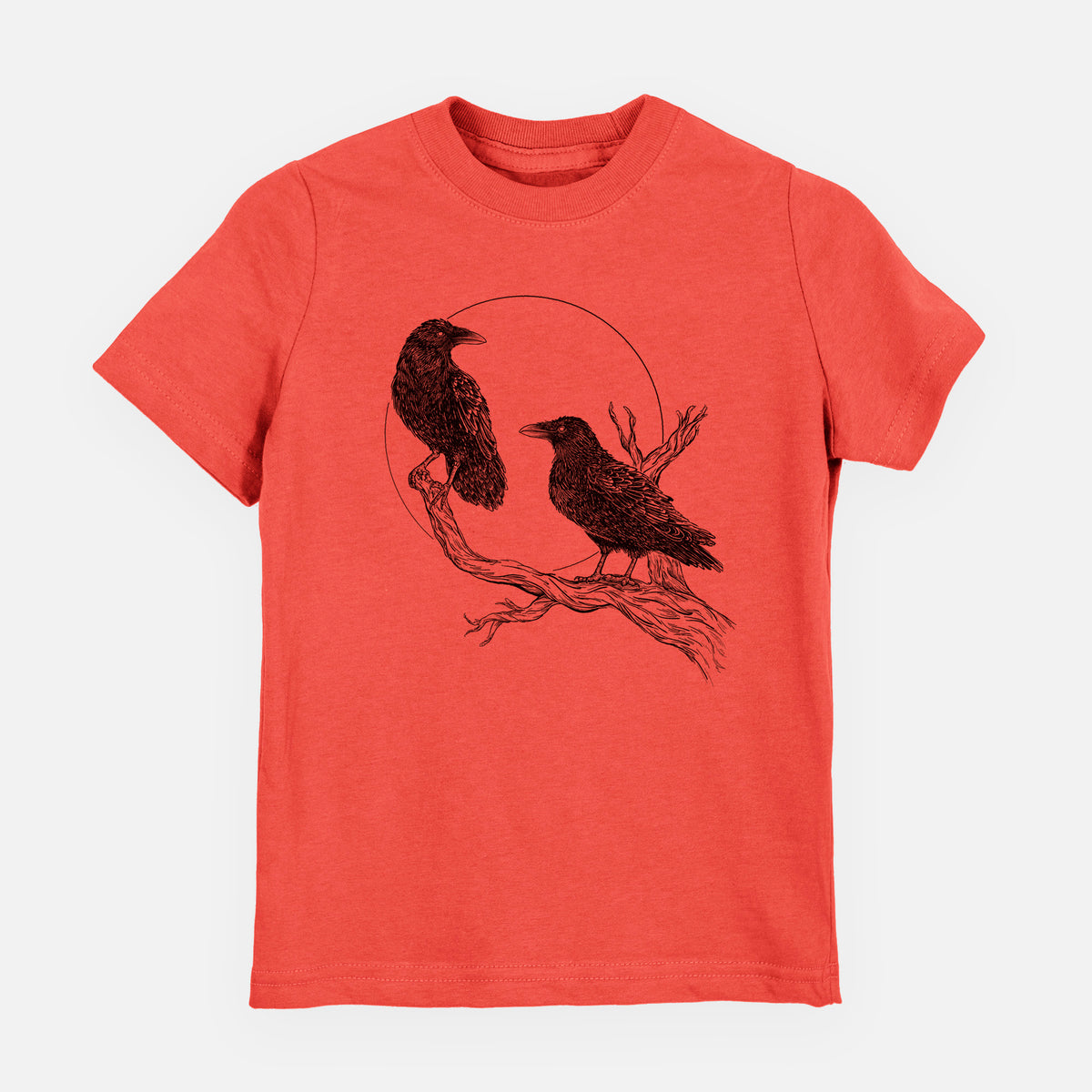 Passionfruit pink youth t-shirt laid flat, printed with a black ink illustration of two ravens perched on a branch in front of a full moon.