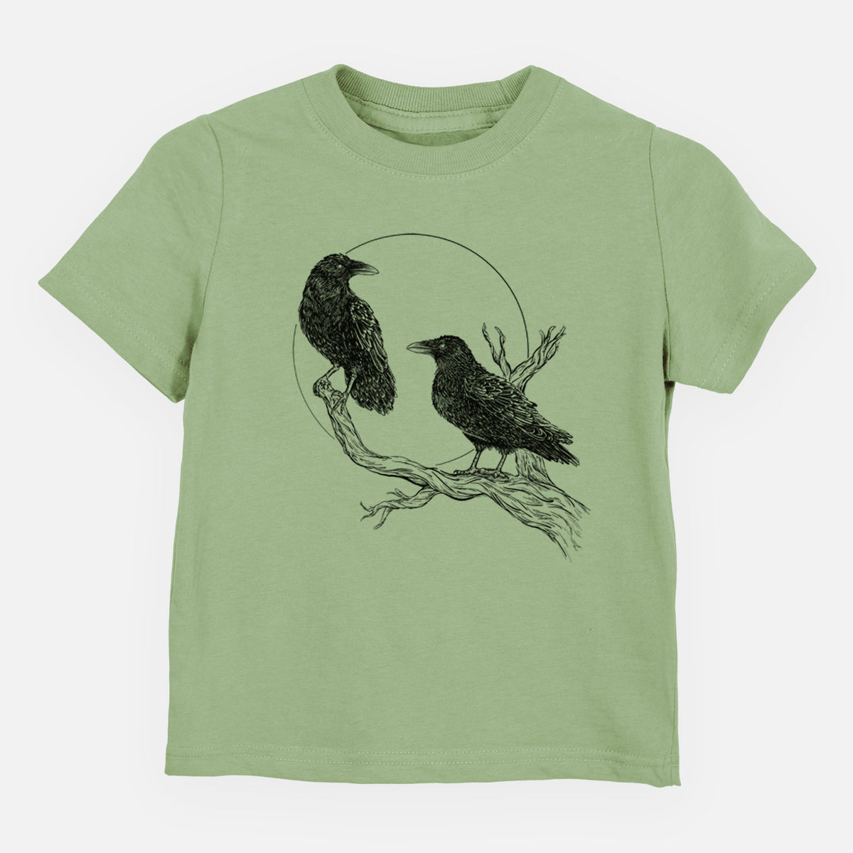 Sage green toddler t-shirt laid flat, printed with a black ink illustration of two ravens perched on a branch in front of a full moon.