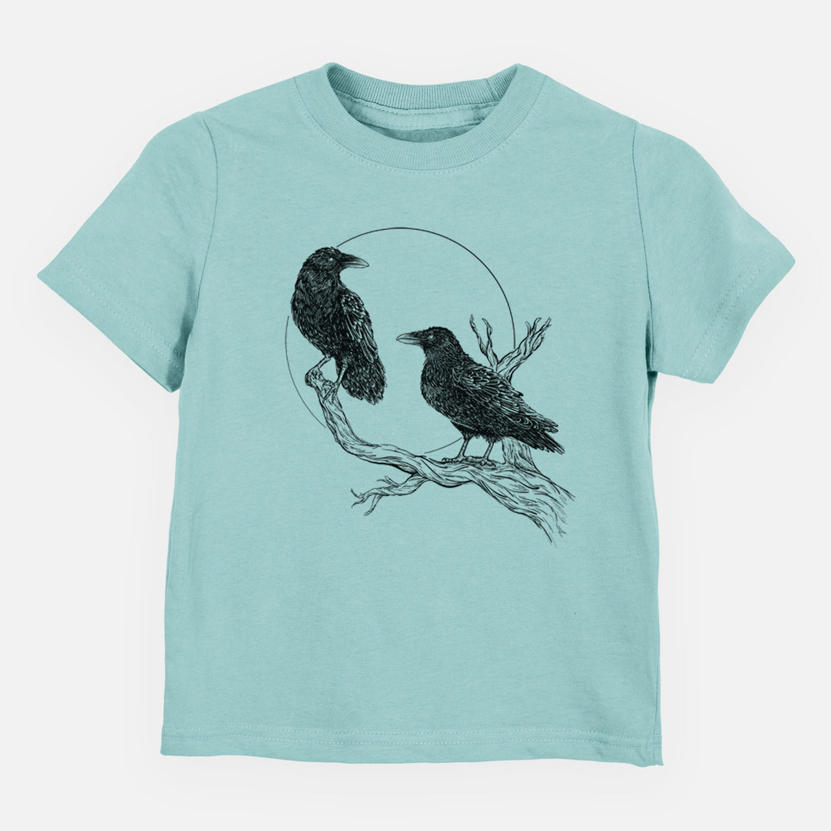 Saltwater toddler t-shirt laid flat, printed with a black ink illustration of two ravens perched on a branch in front of a full moon.