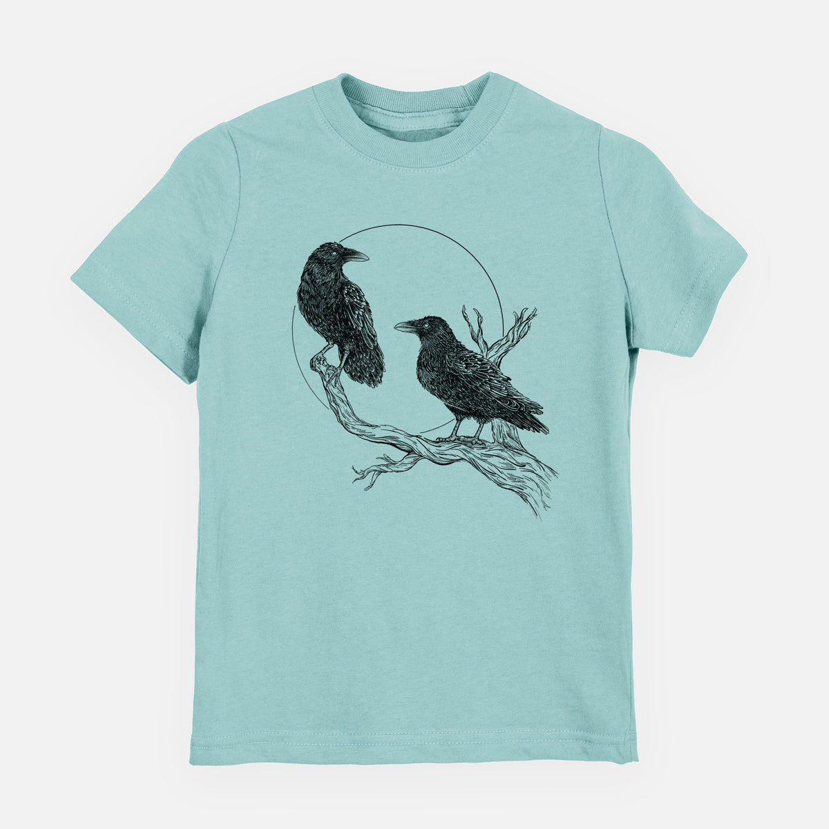 Saltwater youth t-shirt laid flat, printed with a black ink illustration of two ravens perched on a branch in front of a full moon.