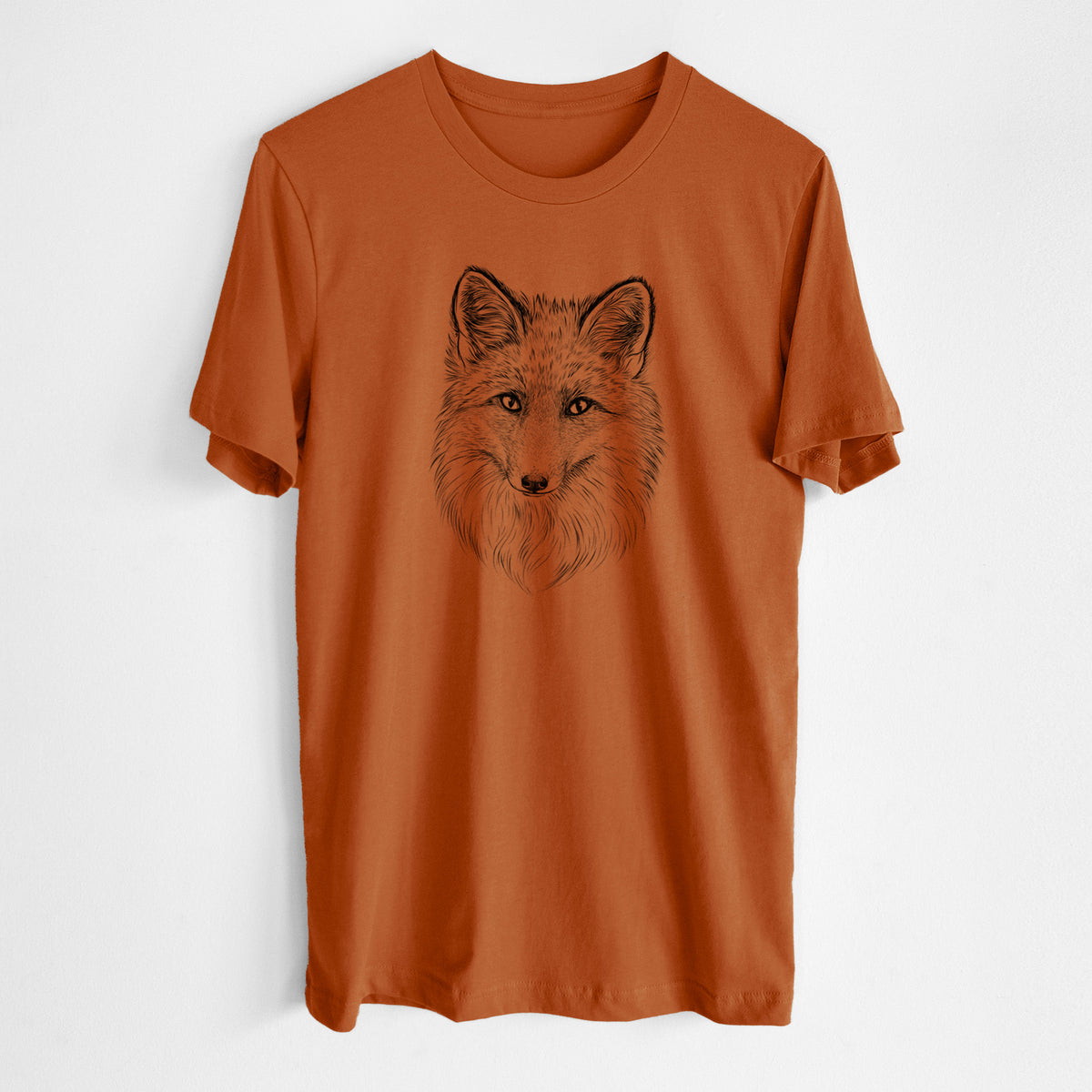 Autumn lightweight cotton t-shirt laid flat, printed with a detailed black ink sketch of a red fox's face looking straight ahead, its fur drawn in fine pencil-like strokes.