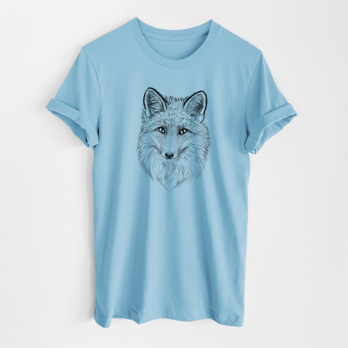 Ocean blue lightweight cotton t-shirt laid flat, printed with a detailed black ink sketch of a red fox's face looking straight ahead, its fur drawn in fine pencil-like strokes.