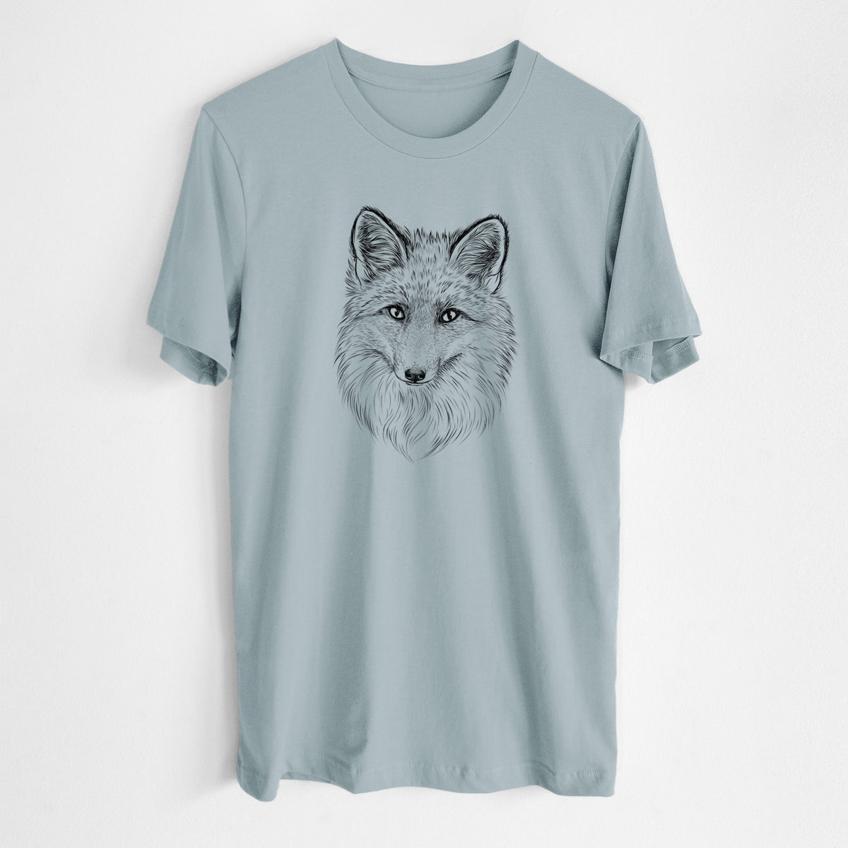 Vintage denim lightweight cotton t-shirt laid flat, printed with a detailed black ink sketch of a red fox's face looking straight ahead, its fur drawn in fine pencil-like strokes.