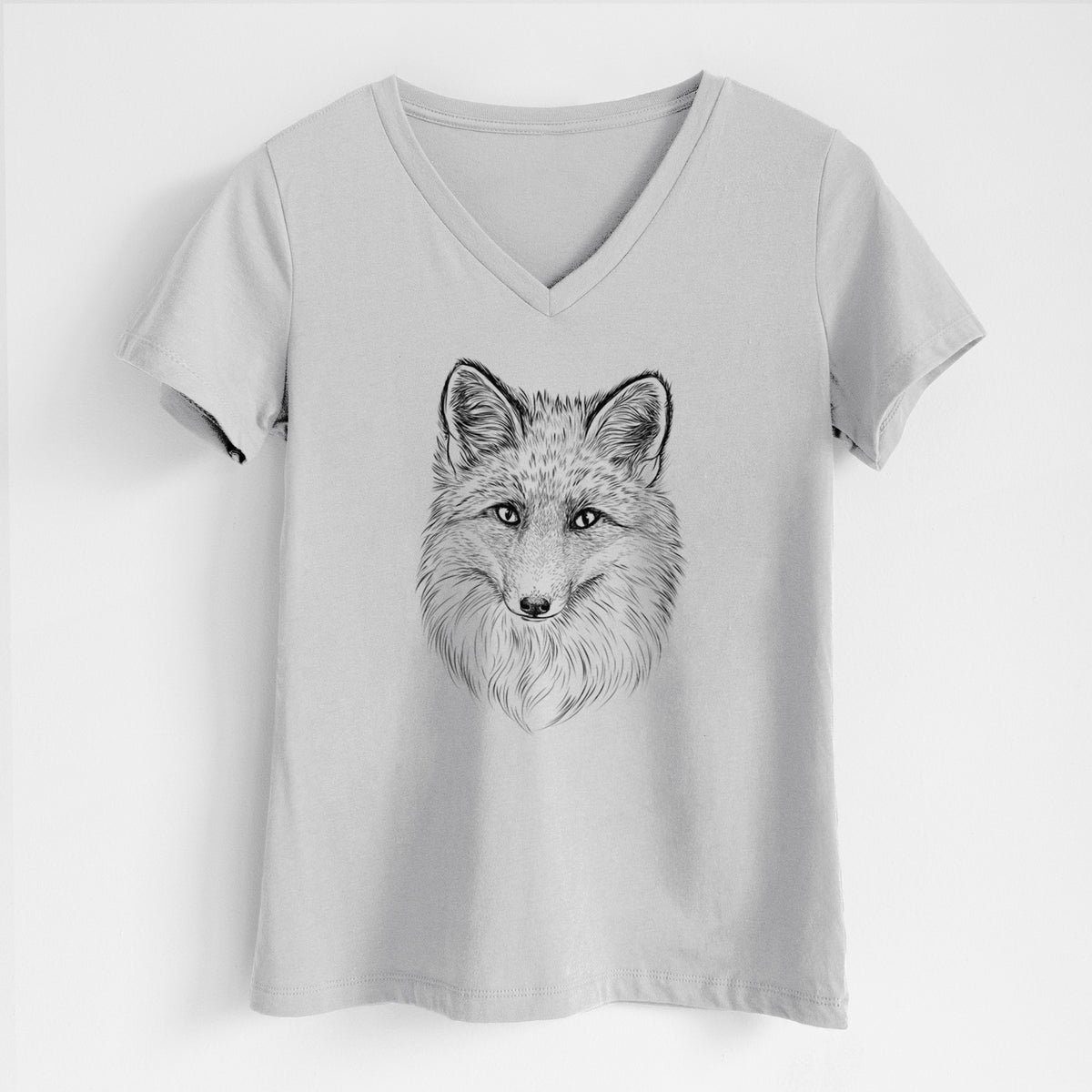 Lunar grey women's relaxed fit cotton V-neck t-shirt laid flat, printed with a detailed black ink sketch of a red fox's face looking straight ahead, its fur drawn in fine pencil-like strokes.