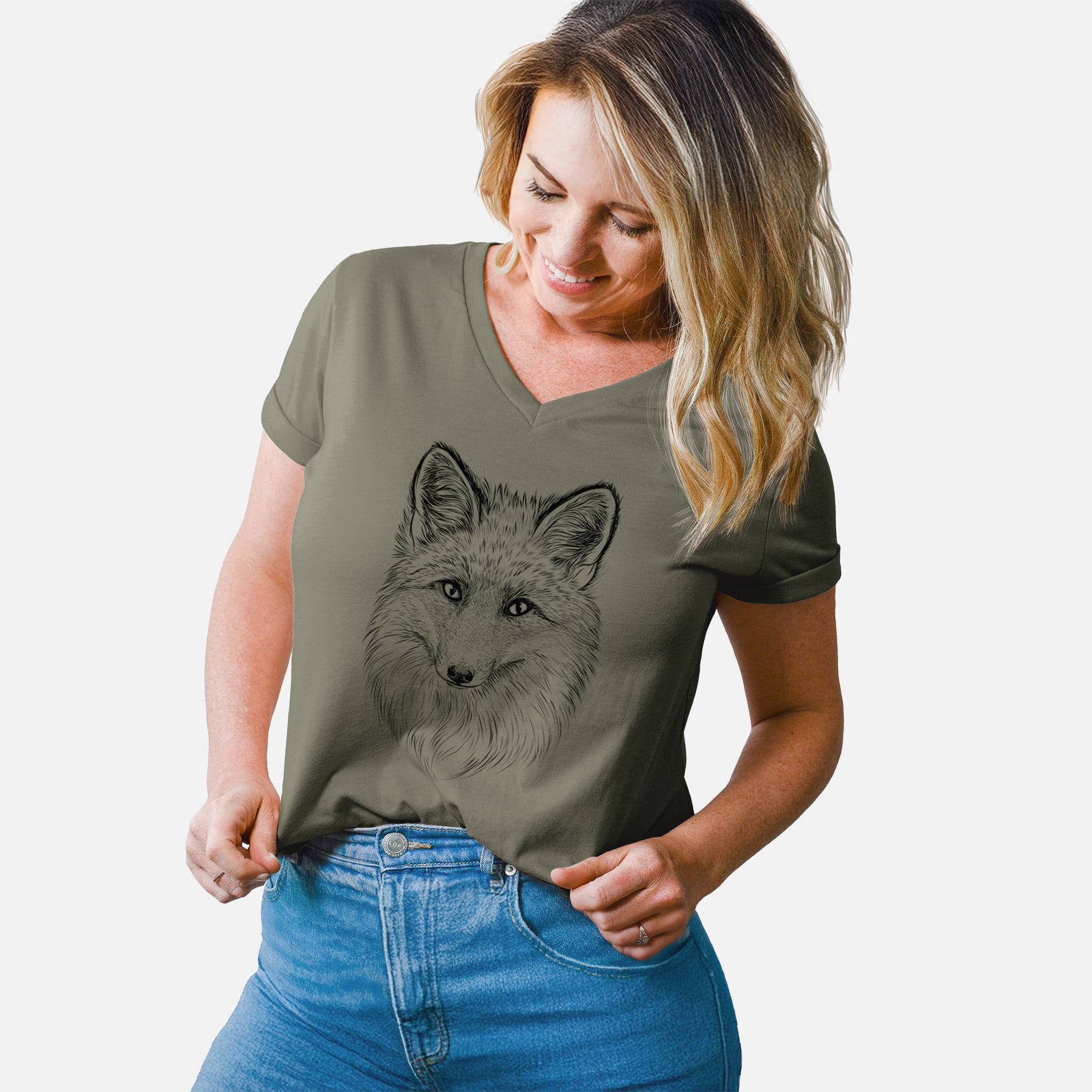 Turquoise women's relaxed fit cotton V-neck t-shirt laid flat, printed with a detailed black ink sketch of a red fox's face looking straight ahead, its fur drawn in fine pencil-like strokes.