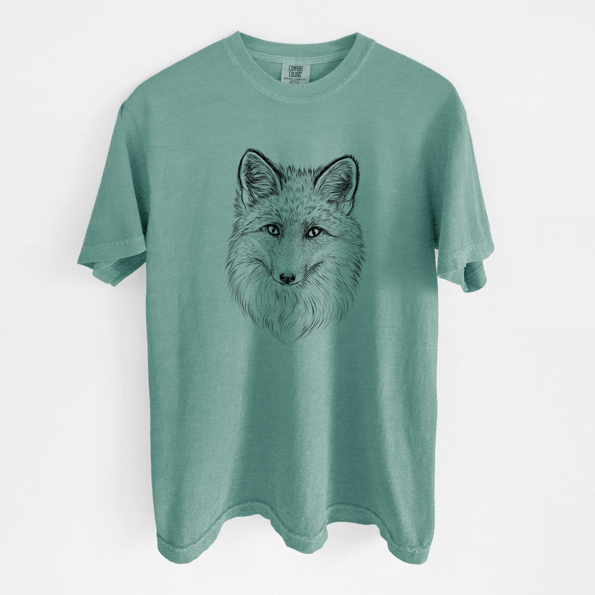 Reef green Comfort Colors t-shirt laid flat, printed with a detailed black ink sketch of a red fox's face looking straight ahead, its fur drawn in fine pencil-like strokes.