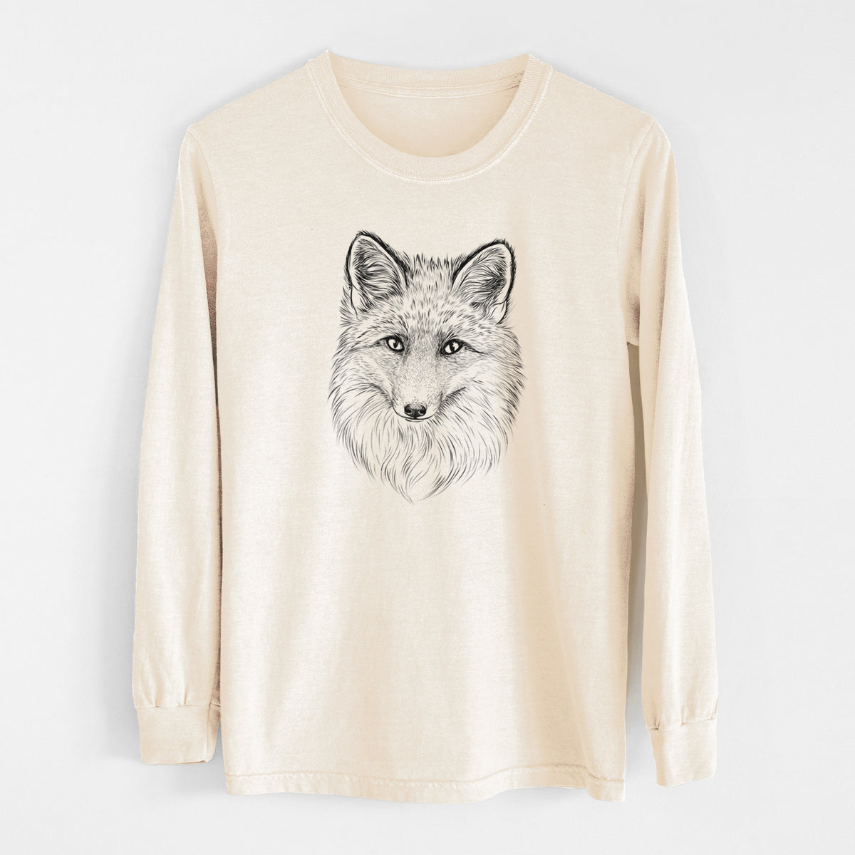 Ivory Comfort Colors long sleeve shirt laid flat, printed with a detailed black ink sketch of a red fox's face looking straight ahead, its fur drawn in fine pencil-like strokes.