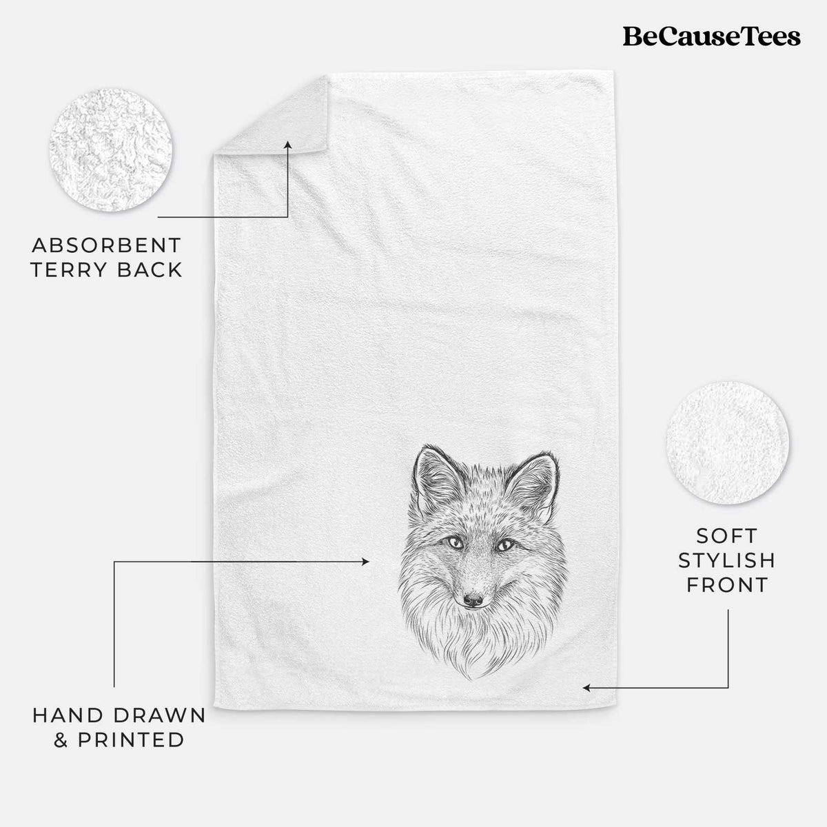 White hand towel printed with a detailed black ink sketch of a red fox's face looking straight ahead, its fur drawn in fine pencil-like strokes.