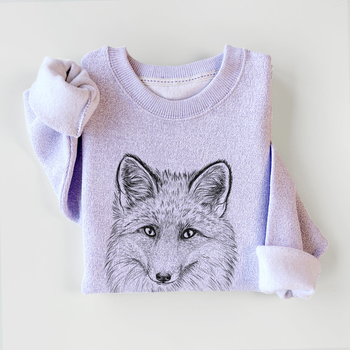 Ice purple knit sweatshirt printed with a detailed black ink sketch of a red fox's face looking straight ahead, its fur drawn in fine pencil-like strokes, styled flat.