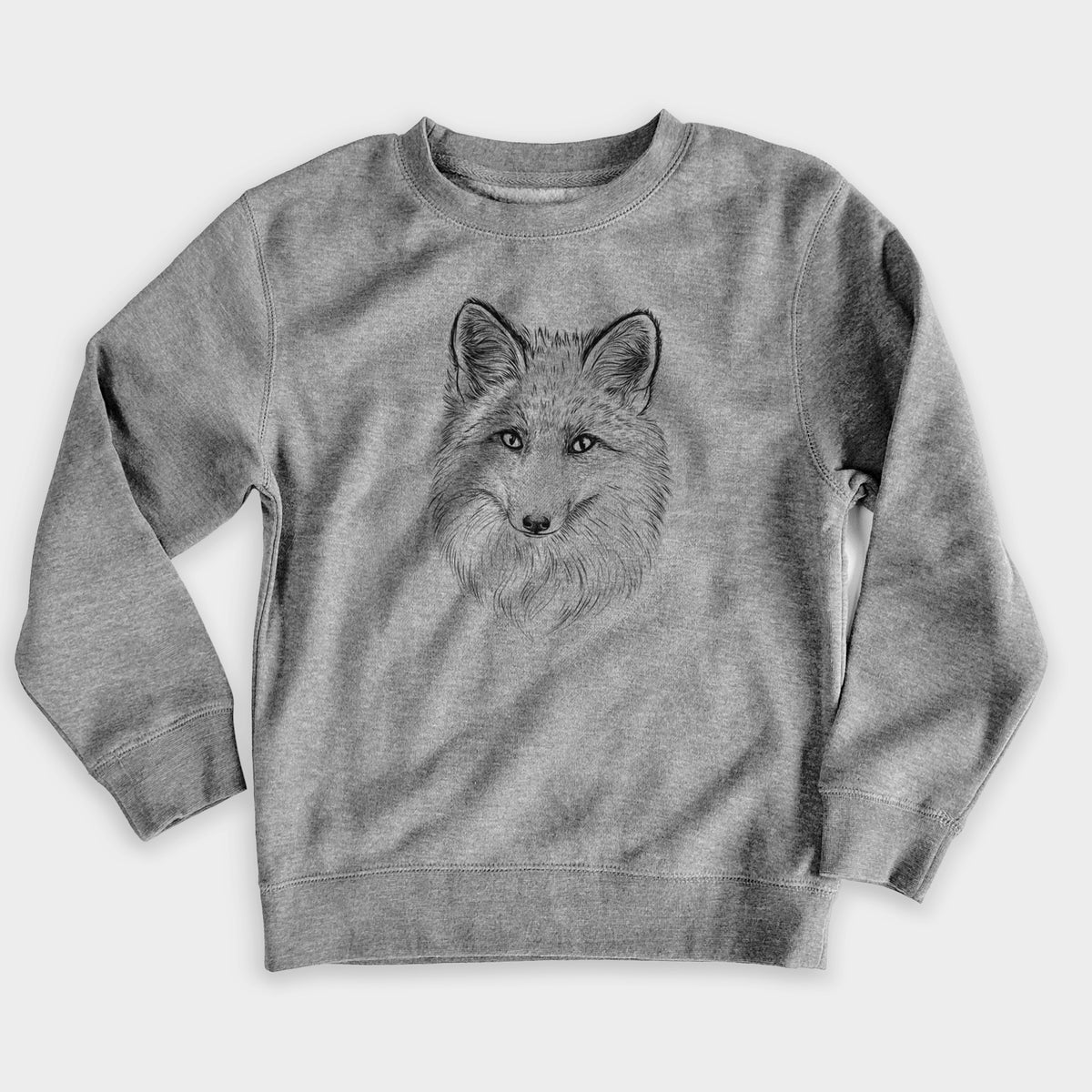 Nickel grey youth crewneck sweatshirt laid flat, printed with a detailed black ink sketch of a red fox's face looking straight ahead, its fur drawn in fine pencil-like strokes.