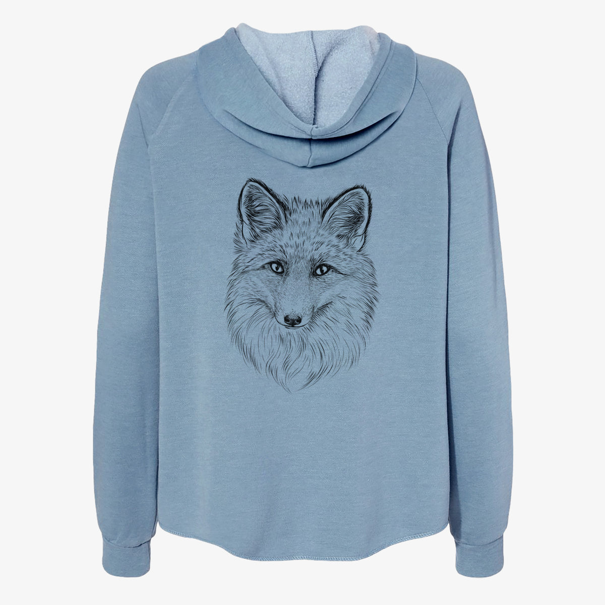 Misty blue women's Cali Wave zip-up sweatshirt laid flat, printed with a detailed black ink sketch of a red fox's face looking straight ahead, its fur drawn in fine pencil-like strokes.
