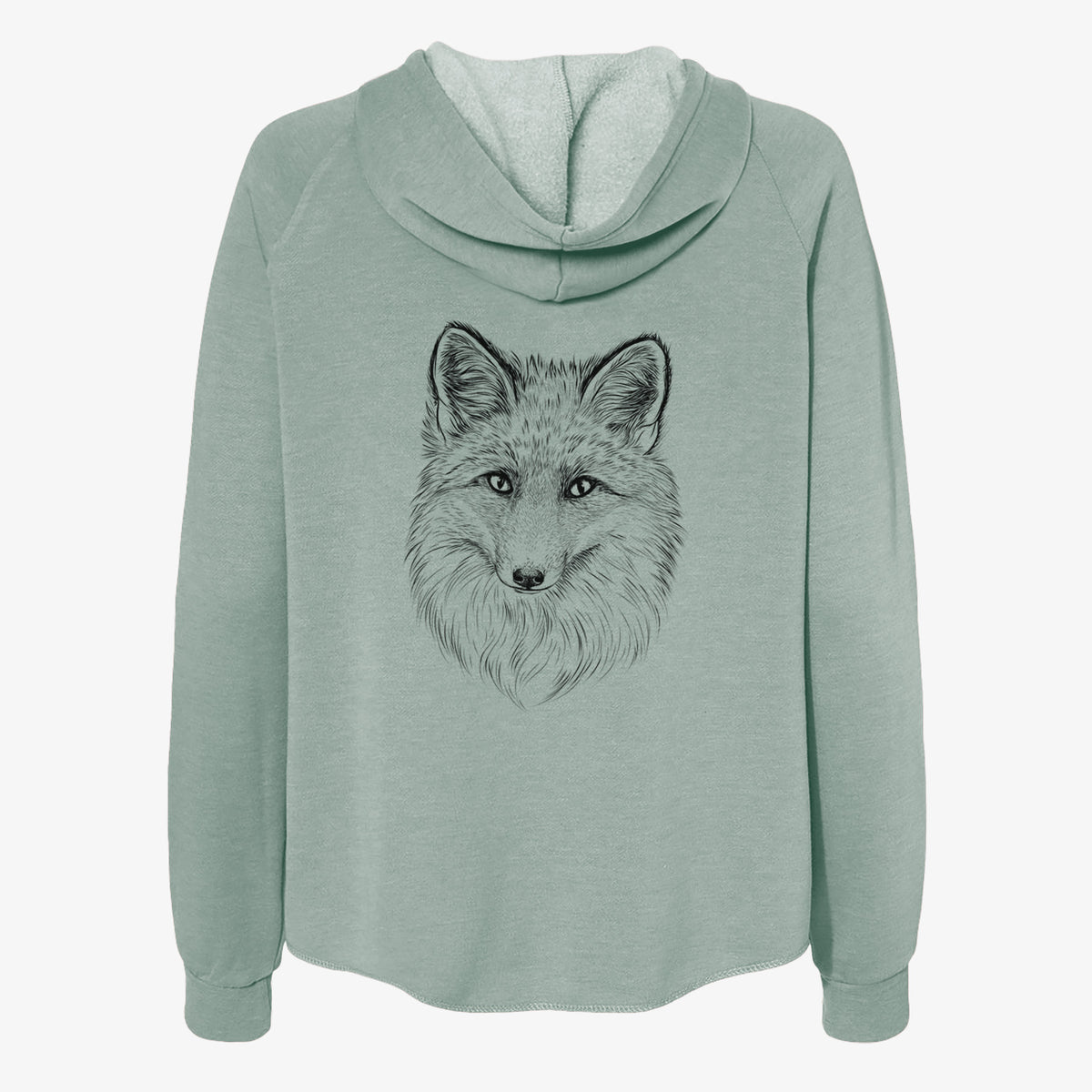 Sage green women's Cali Wave zip-up sweatshirt laid flat, printed with a detailed black ink sketch of a red fox's face looking straight ahead, its fur drawn in fine pencil-like strokes.