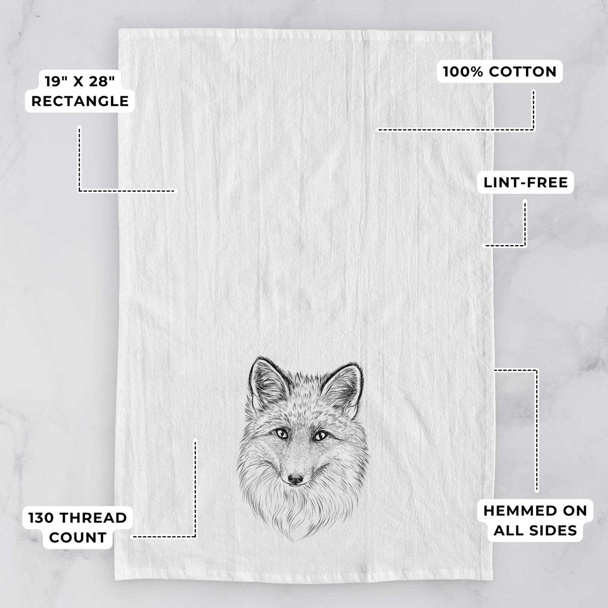 White tea towel printed with a detailed black ink sketch of a red fox's face looking straight ahead, its fur drawn in fine pencil-like strokes, with feature labels: 19 by 28 inch rectangle, 100% cotton, lint-free, 130 thread count, hemmed on all sides.