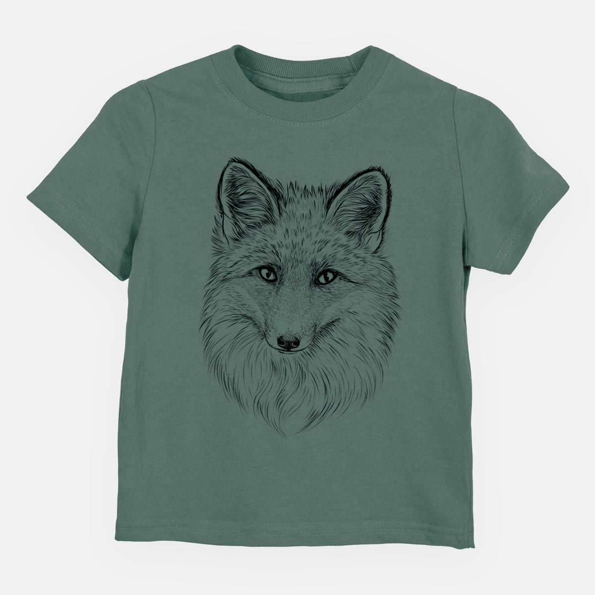 Basil green toddler t-shirt laid flat, printed with a detailed black ink sketch of a red fox's face looking straight ahead, its fur drawn in fine pencil-like strokes.