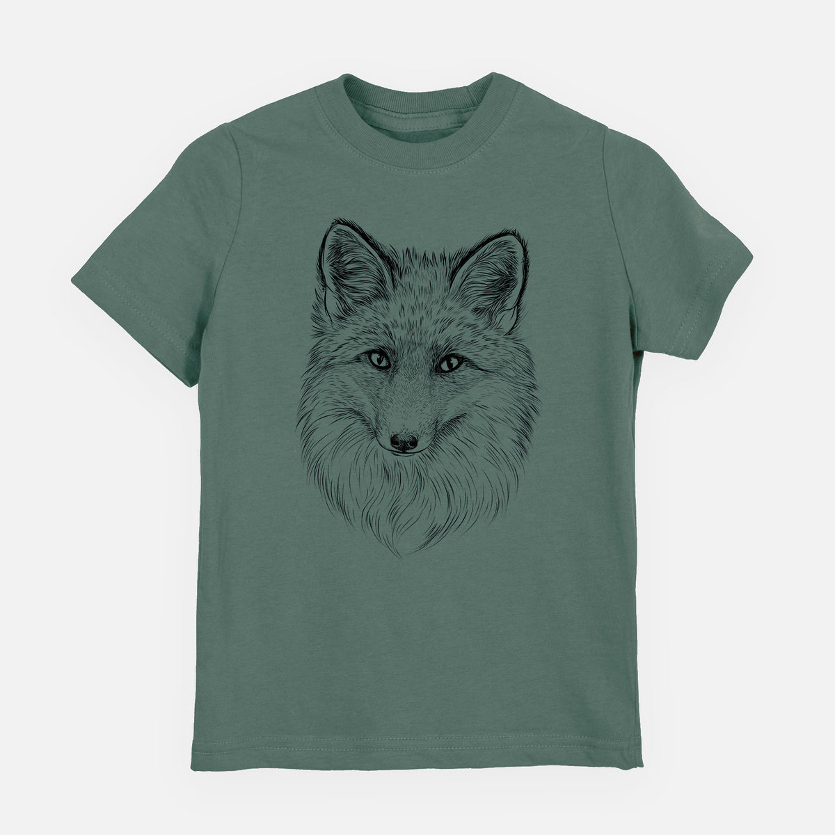 Basil green youth t-shirt laid flat, printed with a detailed black ink sketch of a red fox's face looking straight ahead, its fur drawn in fine pencil-like strokes.