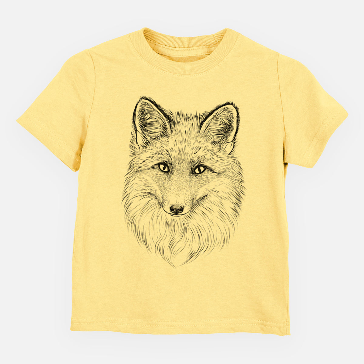 Butter yellow toddler t-shirt laid flat, printed with a detailed black ink sketch of a red fox's face looking straight ahead, its fur drawn in fine pencil-like strokes.
