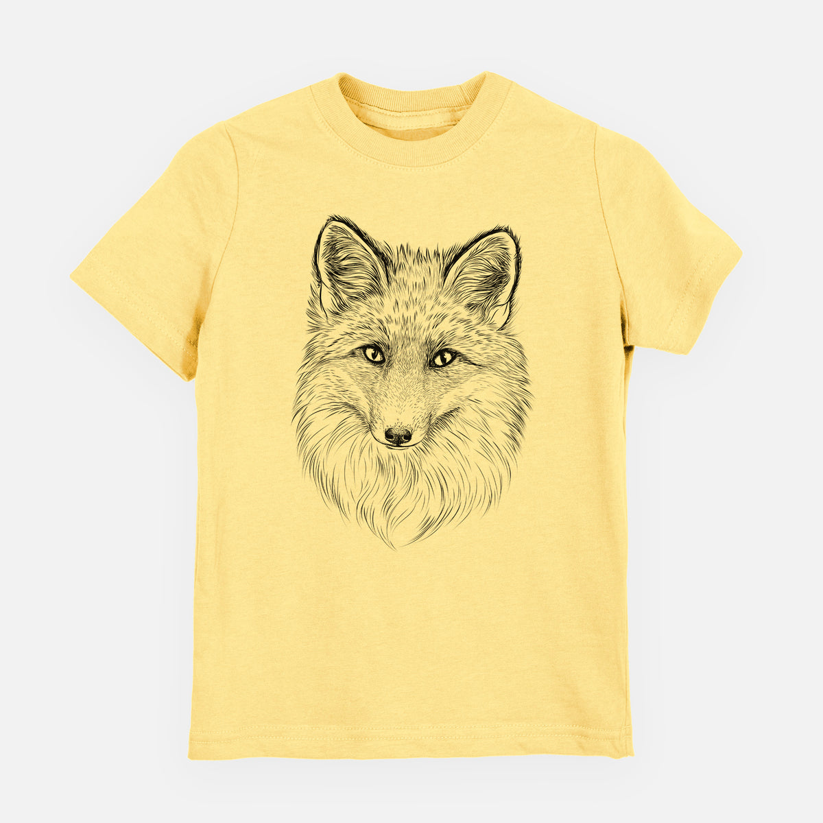 Butter yellow youth t-shirt laid flat, printed with a detailed black ink sketch of a red fox's face looking straight ahead, its fur drawn in fine pencil-like strokes.