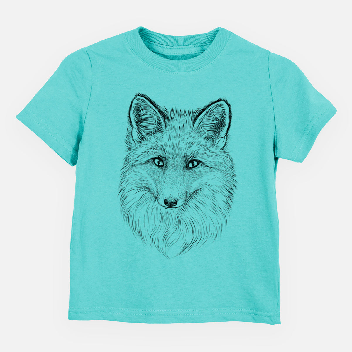 Caribbean blue toddler t-shirt laid flat, printed with a detailed black ink sketch of a red fox's face looking straight ahead, its fur drawn in fine pencil-like strokes.