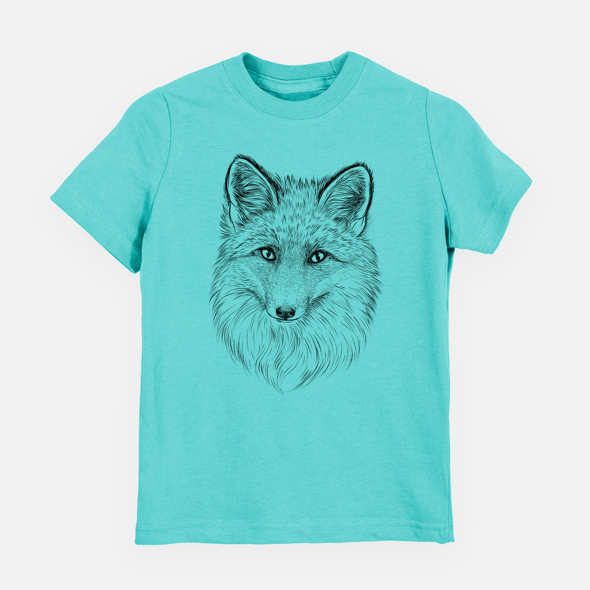 Caribbean blue youth t-shirt laid flat, printed with a detailed black ink sketch of a red fox's face looking straight ahead, its fur drawn in fine pencil-like strokes.