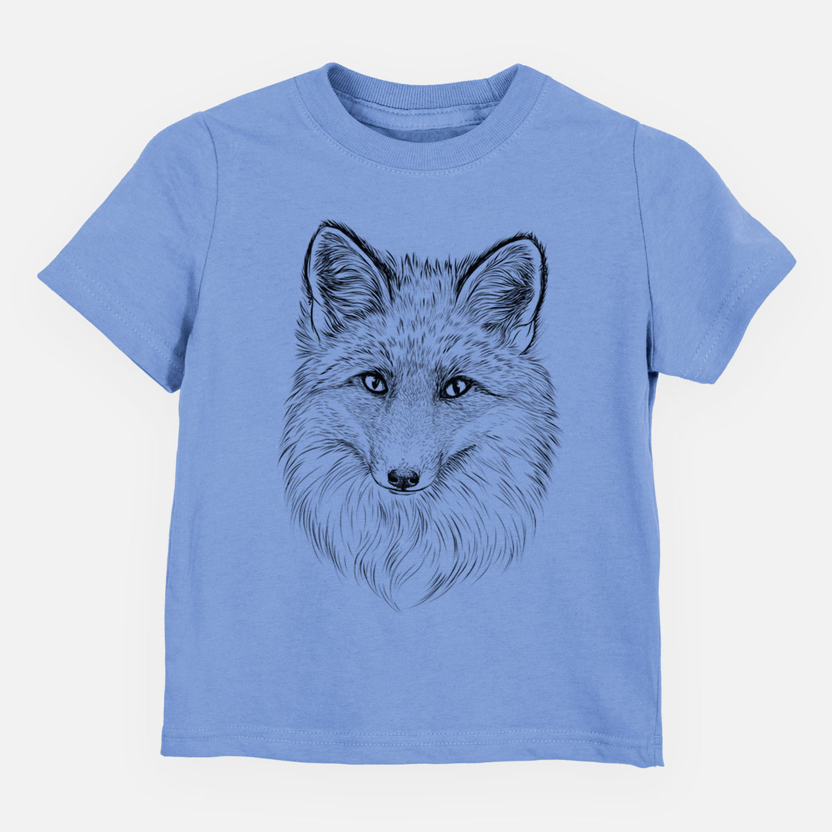 Carolina blue toddler t-shirt laid flat, printed with a detailed black ink sketch of a red fox's face looking straight ahead, its fur drawn in fine pencil-like strokes.