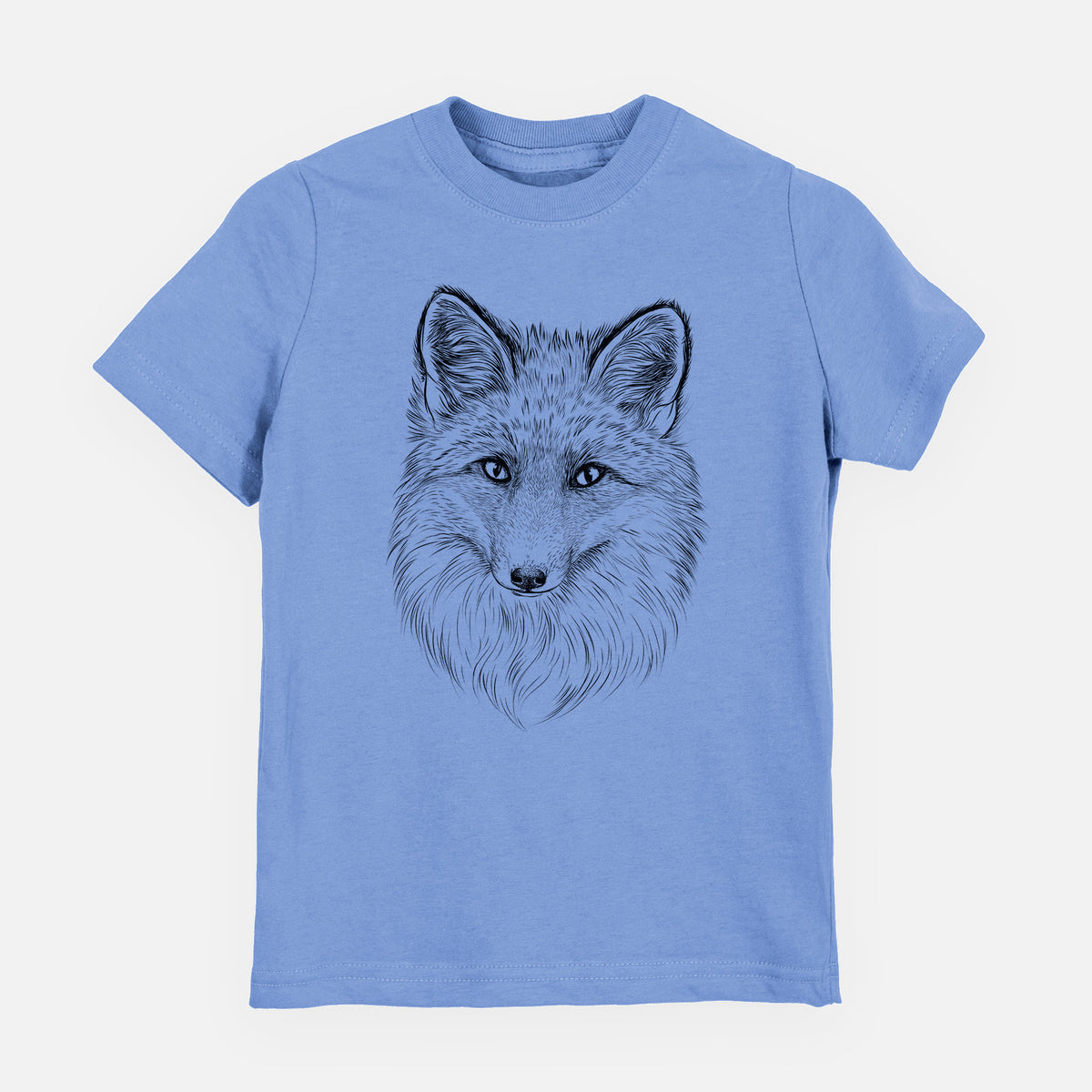 Carolina blue youth t-shirt laid flat, printed with a detailed black ink sketch of a red fox's face looking straight ahead, its fur drawn in fine pencil-like strokes.