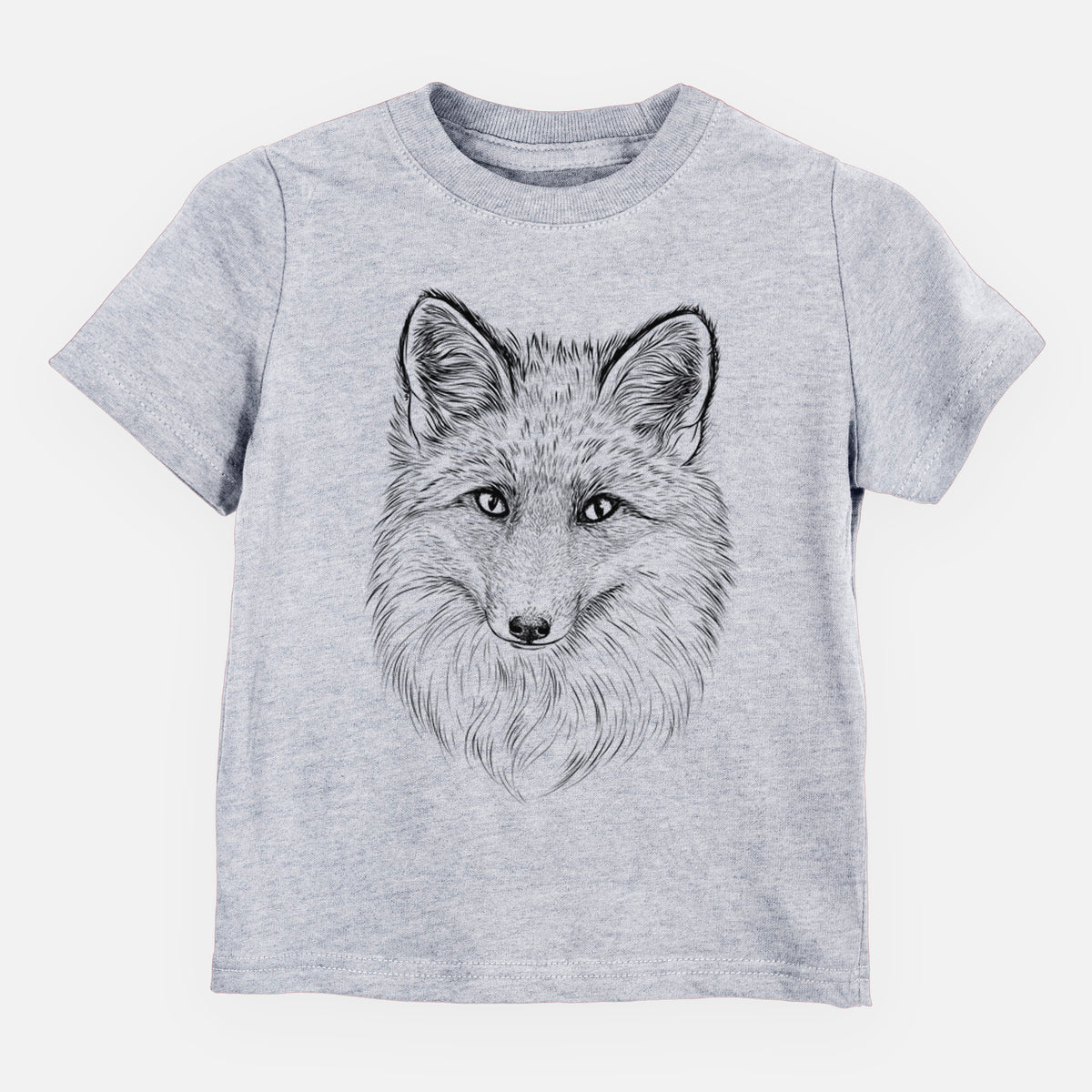 Heather grey toddler t-shirt laid flat, printed with a detailed black ink sketch of a red fox's face looking straight ahead, its fur drawn in fine pencil-like strokes.