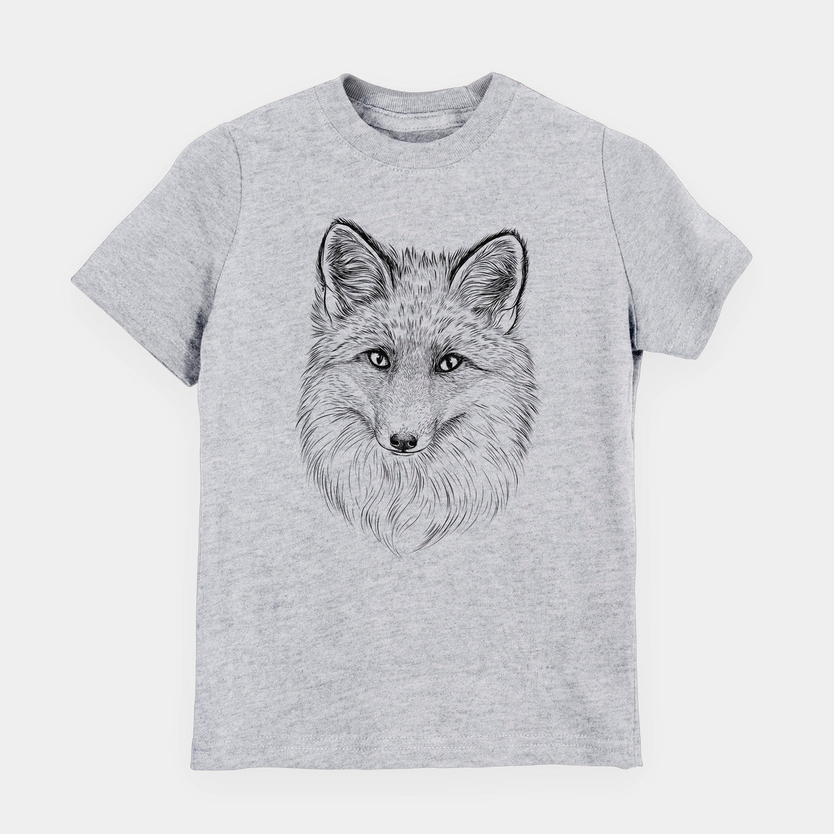 Heather grey youth t-shirt laid flat, printed with a detailed black ink sketch of a red fox's face looking straight ahead, its fur drawn in fine pencil-like strokes.