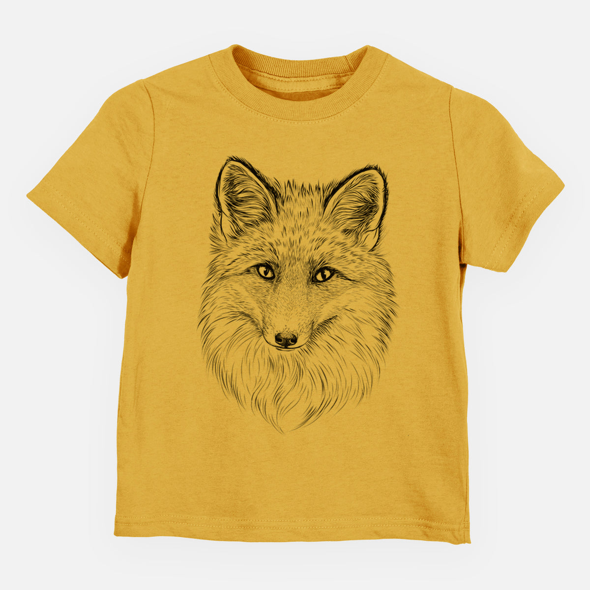 Honeycomb yellow toddler t-shirt laid flat, printed with a detailed black ink sketch of a red fox's face looking straight ahead, its fur drawn in fine pencil-like strokes.