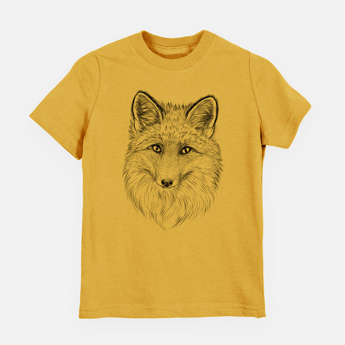 Honeycomb yellow youth t-shirt laid flat, printed with a detailed black ink sketch of a red fox's face looking straight ahead, its fur drawn in fine pencil-like strokes.
