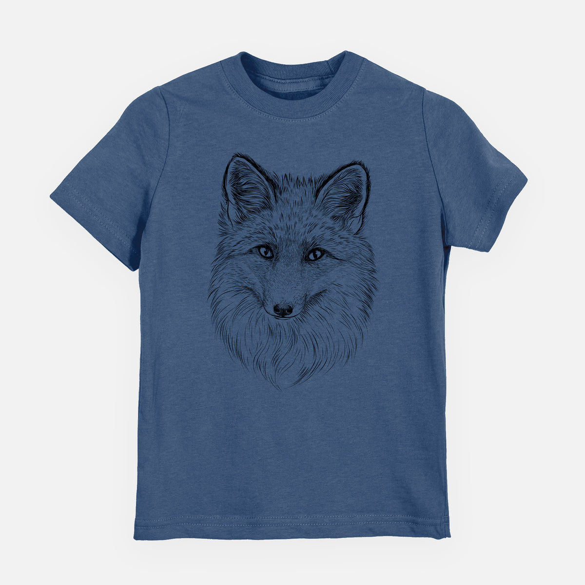 Indigo blue youth t-shirt laid flat, printed with a detailed black ink sketch of a red fox's face looking straight ahead, its fur drawn in fine pencil-like strokes.