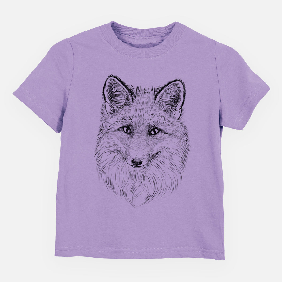 Lavender toddler t-shirt laid flat, printed with a detailed black ink sketch of a red fox's face looking straight ahead, its fur drawn in fine pencil-like strokes.