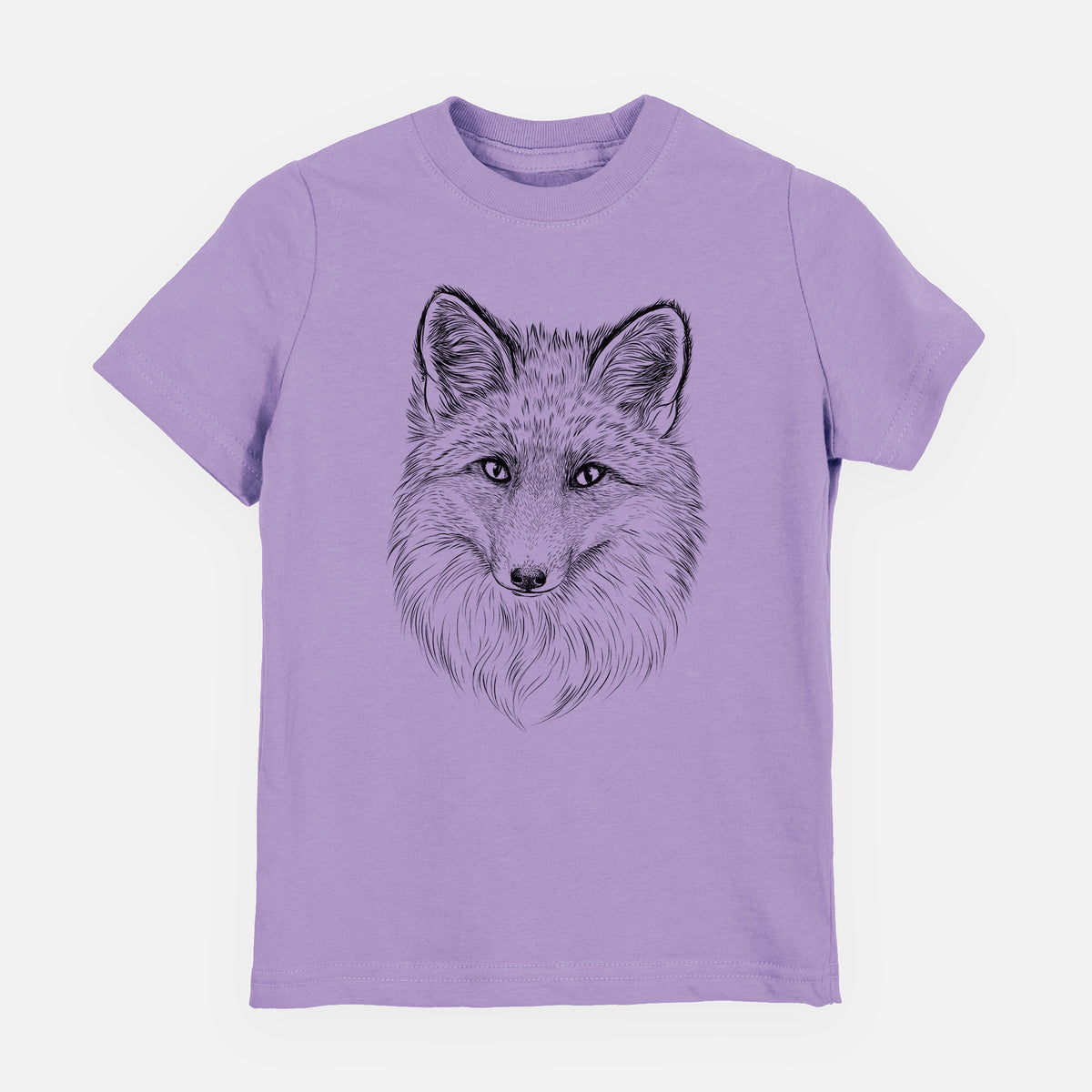 Lavender youth t-shirt laid flat, printed with a detailed black ink sketch of a red fox's face looking straight ahead, its fur drawn in fine pencil-like strokes.