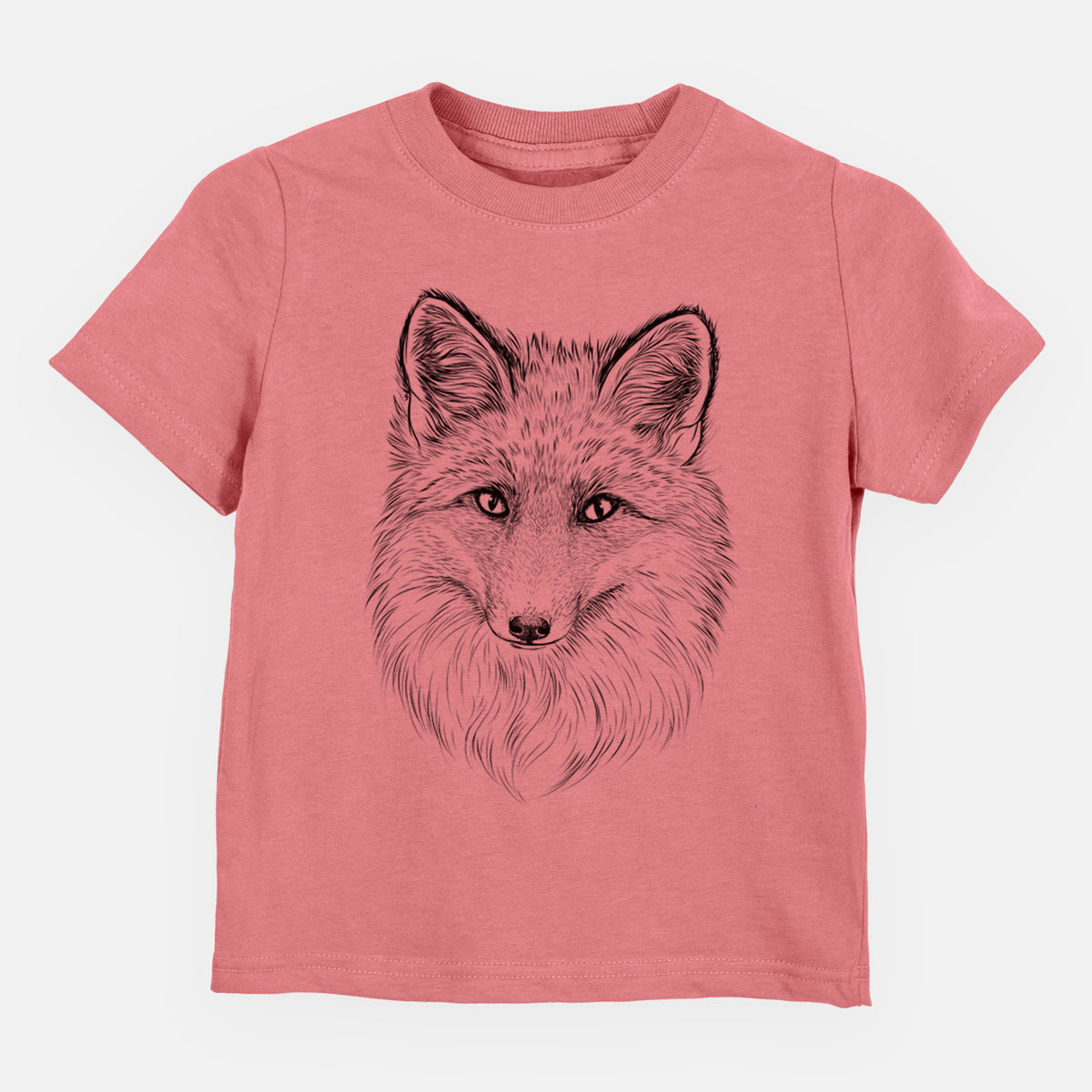Mauve pink toddler t-shirt laid flat, printed with a detailed black ink sketch of a red fox's face looking straight ahead, its fur drawn in fine pencil-like strokes.