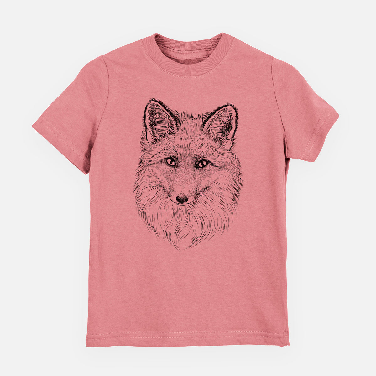 Mauve pink youth t-shirt laid flat, printed with a detailed black ink sketch of a red fox's face looking straight ahead, its fur drawn in fine pencil-like strokes.