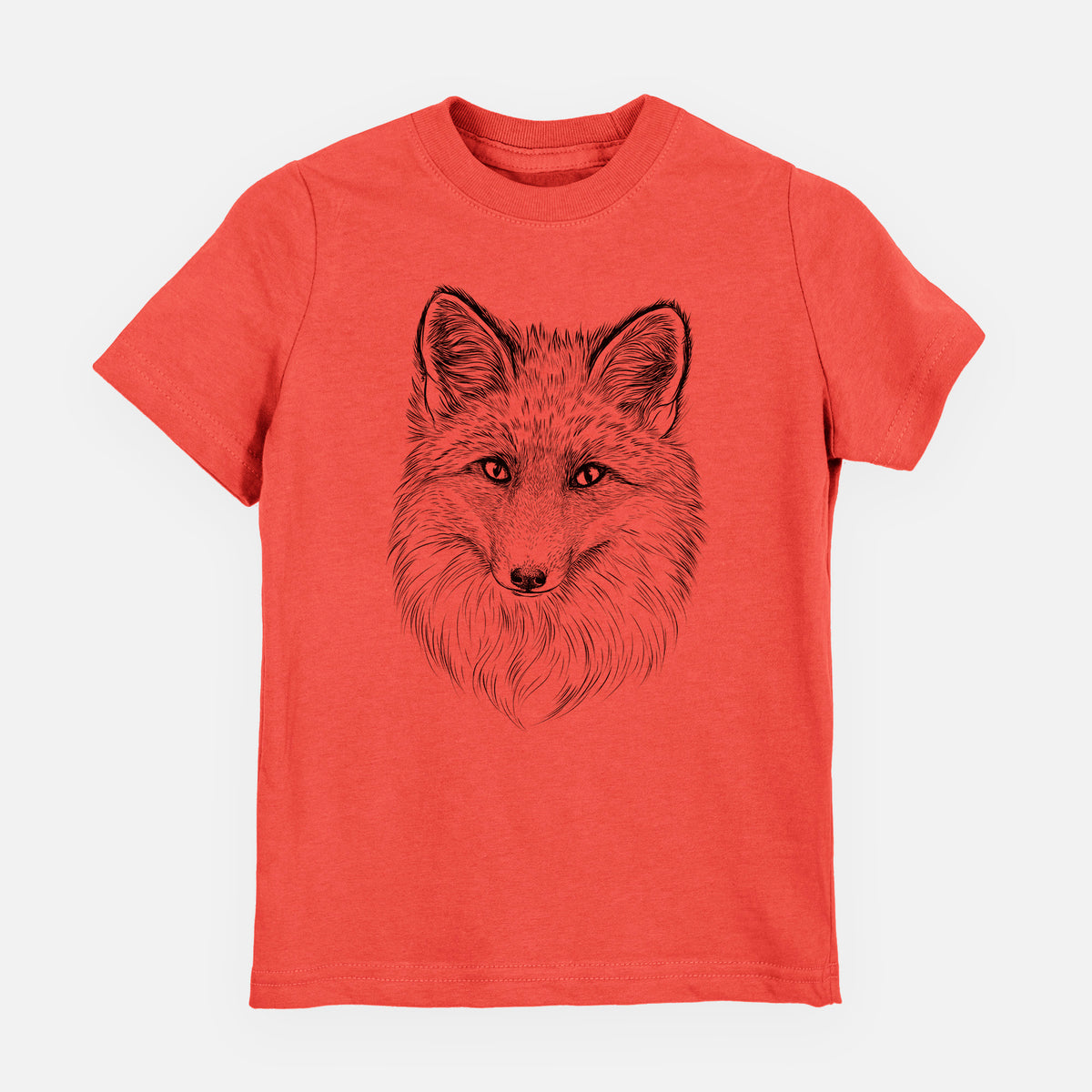 Passionfruit pink youth t-shirt laid flat, printed with a detailed black ink sketch of a red fox's face looking straight ahead, its fur drawn in fine pencil-like strokes.