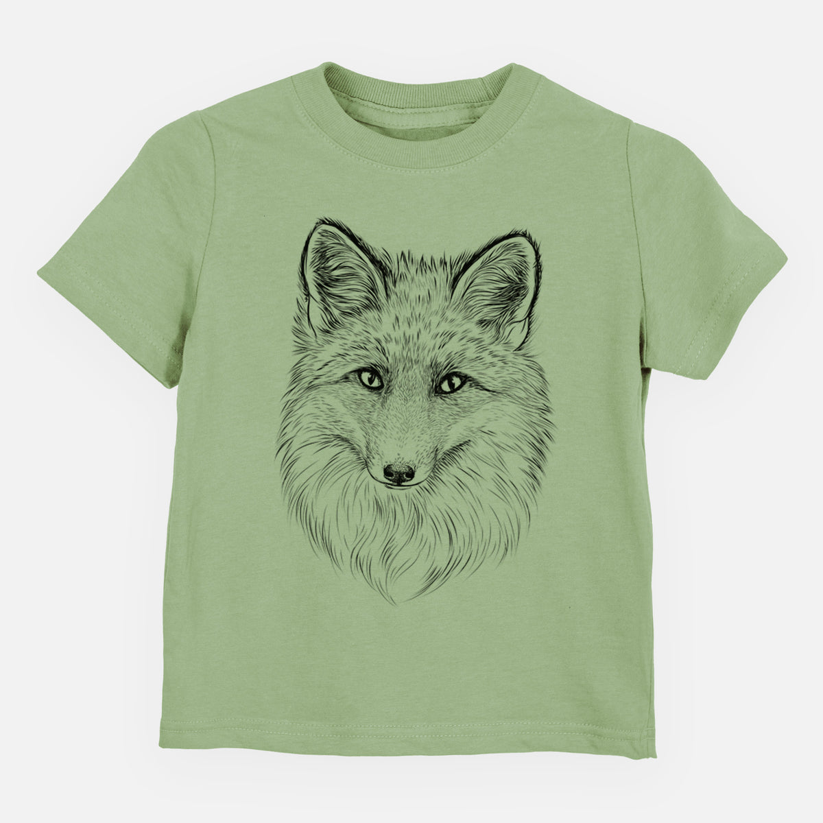 Sage green toddler t-shirt laid flat, printed with a detailed black ink sketch of a red fox's face looking straight ahead, its fur drawn in fine pencil-like strokes.