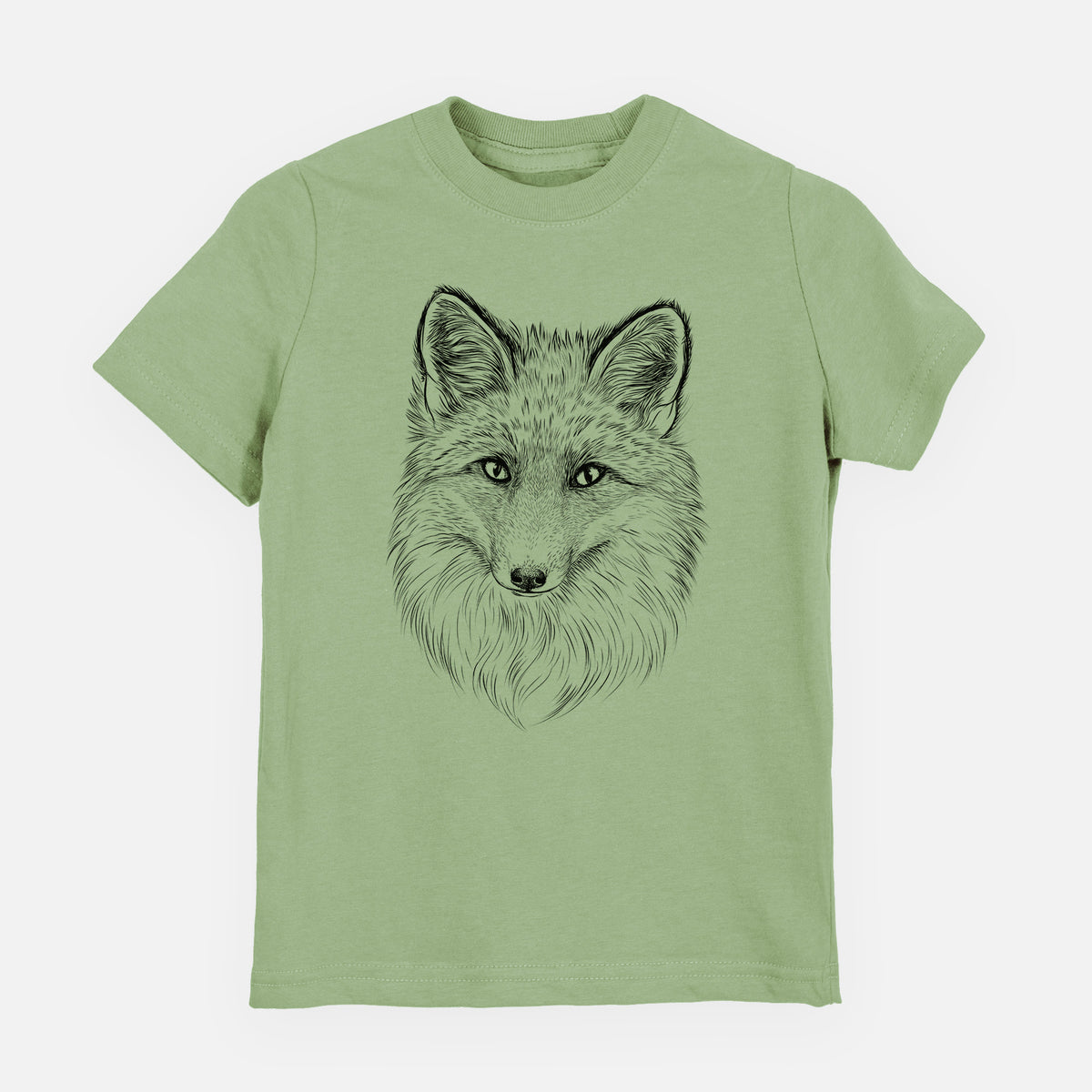 Sage green youth t-shirt laid flat, printed with a detailed black ink sketch of a red fox's face looking straight ahead, its fur drawn in fine pencil-like strokes.
