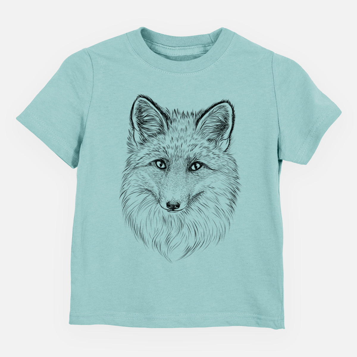 Saltwater toddler t-shirt laid flat, printed with a detailed black ink sketch of a red fox's face looking straight ahead, its fur drawn in fine pencil-like strokes.