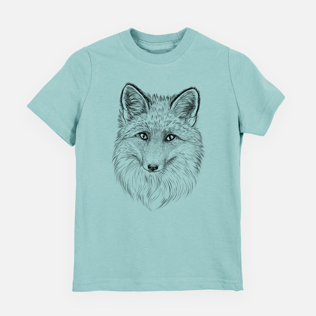 Saltwater youth t-shirt laid flat, printed with a detailed black ink sketch of a red fox's face looking straight ahead, its fur drawn in fine pencil-like strokes.