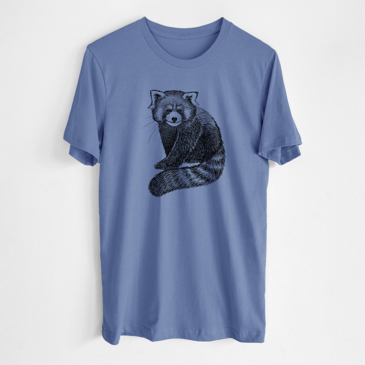 Blue bell lightweight cotton t-shirt laid flat, printed with a detailed black ink illustration of a red panda sitting with its striped tail wrapped around.
