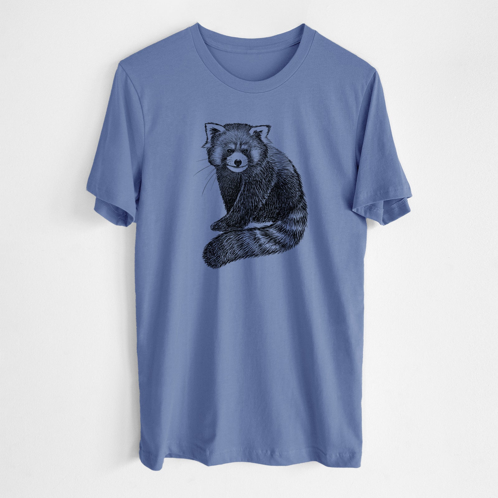 Blue bell lightweight cotton t-shirt laid flat, printed with a detailed black ink illustration of a red panda sitting with its striped tail wrapped around.