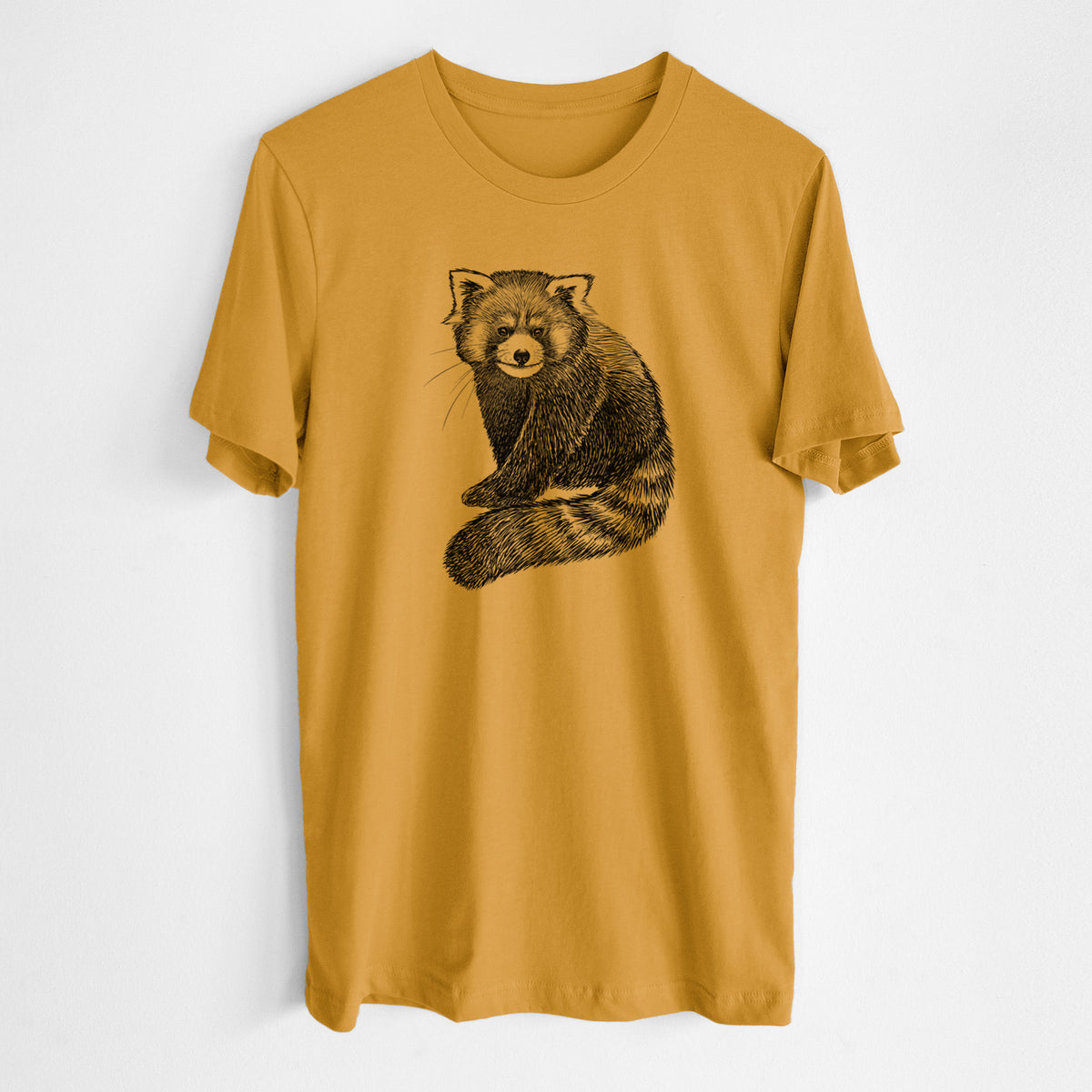 Honeycomb yellow lightweight cotton t-shirt laid flat, printed with a detailed black ink illustration of a red panda sitting with its striped tail wrapped around.