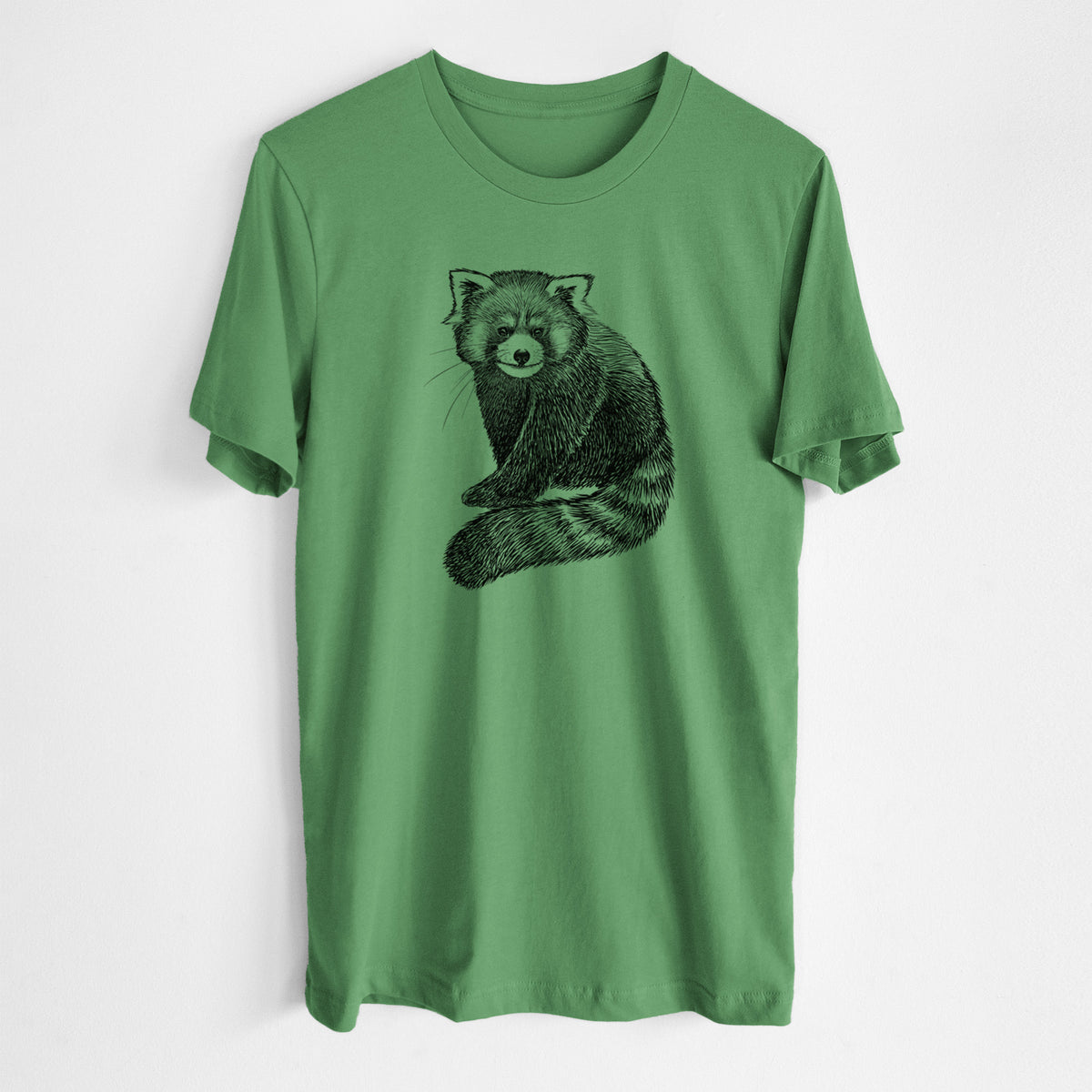 Leaf green lightweight cotton t-shirt laid flat, printed with a detailed black ink illustration of a red panda sitting with its striped tail wrapped around.
