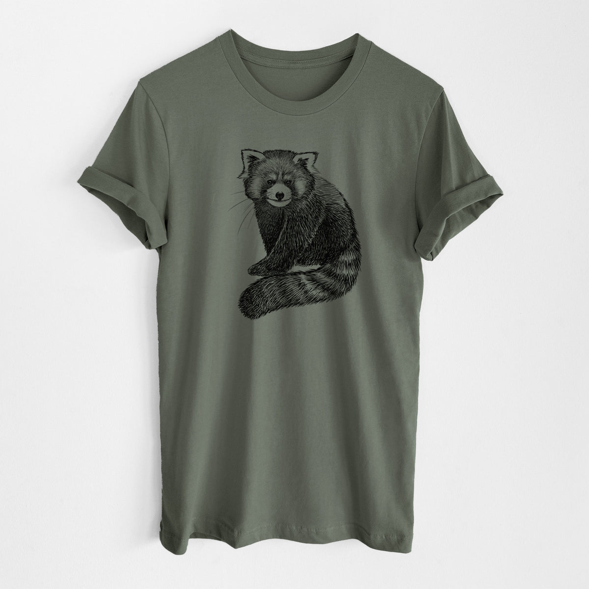 Military green lightweight cotton t-shirt laid flat, printed with a detailed black ink illustration of a red panda sitting with its striped tail wrapped around.
