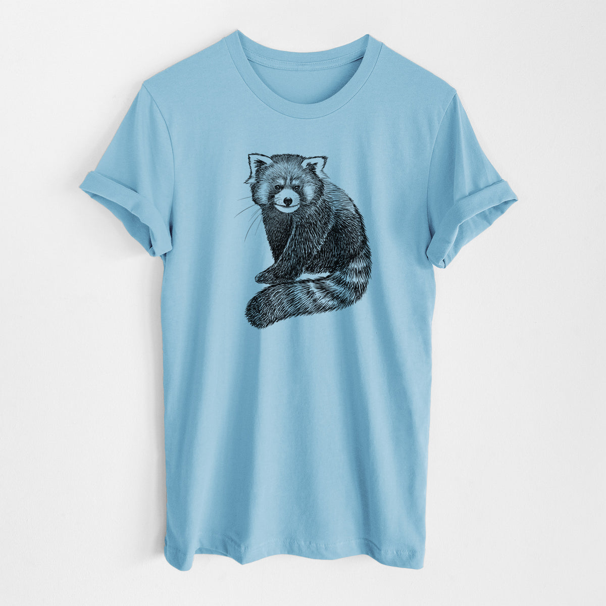 Ocean blue lightweight cotton t-shirt laid flat, printed with a detailed black ink illustration of a red panda sitting with its striped tail wrapped around.