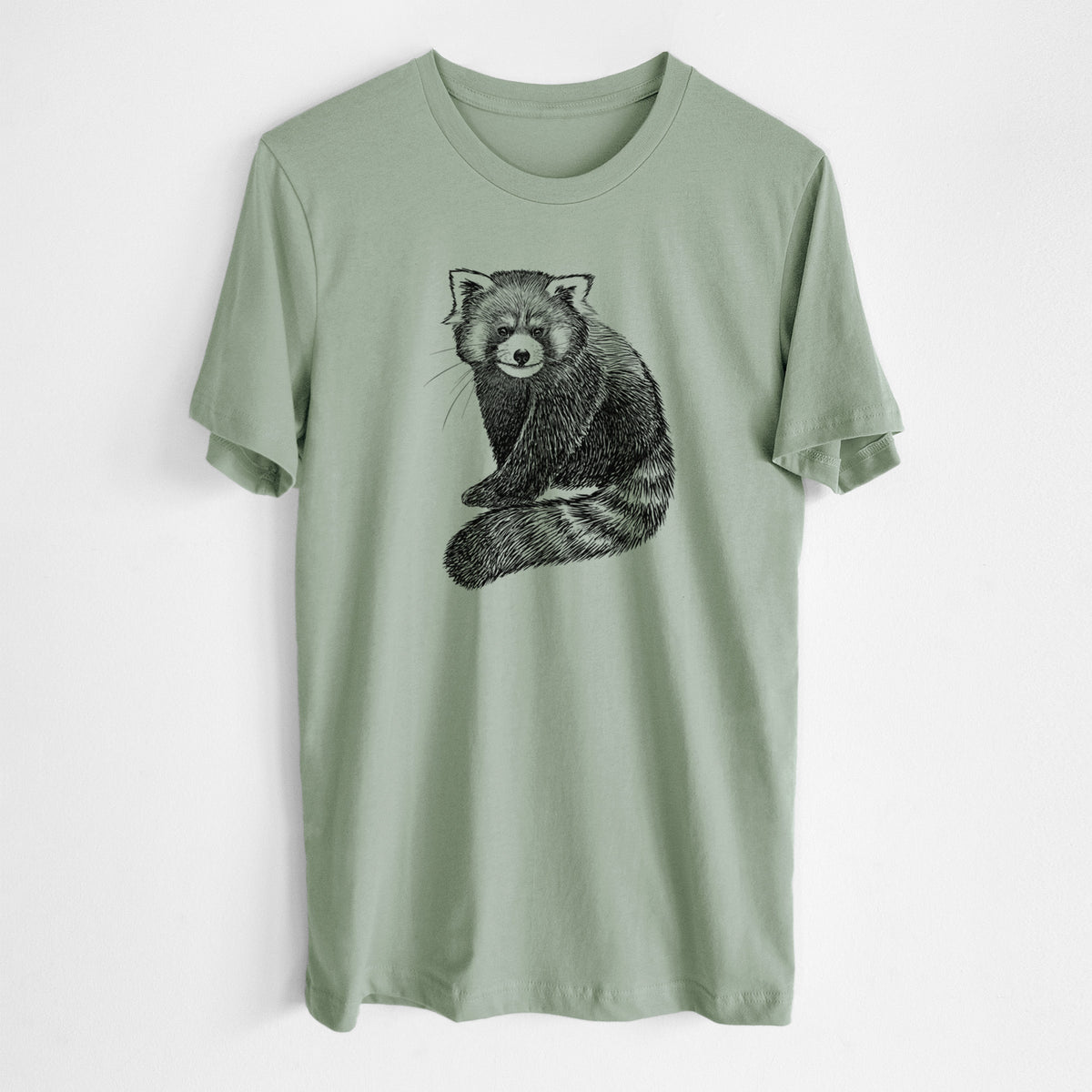 Sage green lightweight cotton t-shirt laid flat, printed with a detailed black ink illustration of a red panda sitting with its striped tail wrapped around.