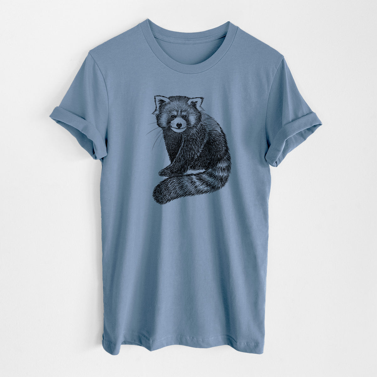 Steel blue lightweight cotton t-shirt laid flat, printed with a detailed black ink illustration of a red panda sitting with its striped tail wrapped around.