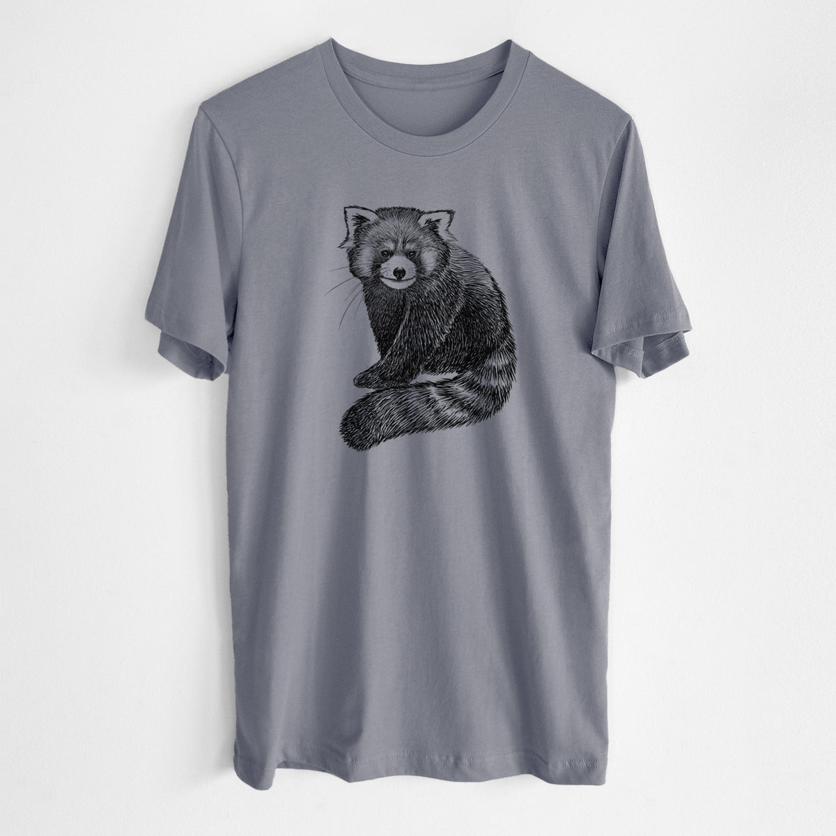 Storm grey lightweight cotton t-shirt laid flat, printed with a detailed black ink illustration of a red panda sitting with its striped tail wrapped around.