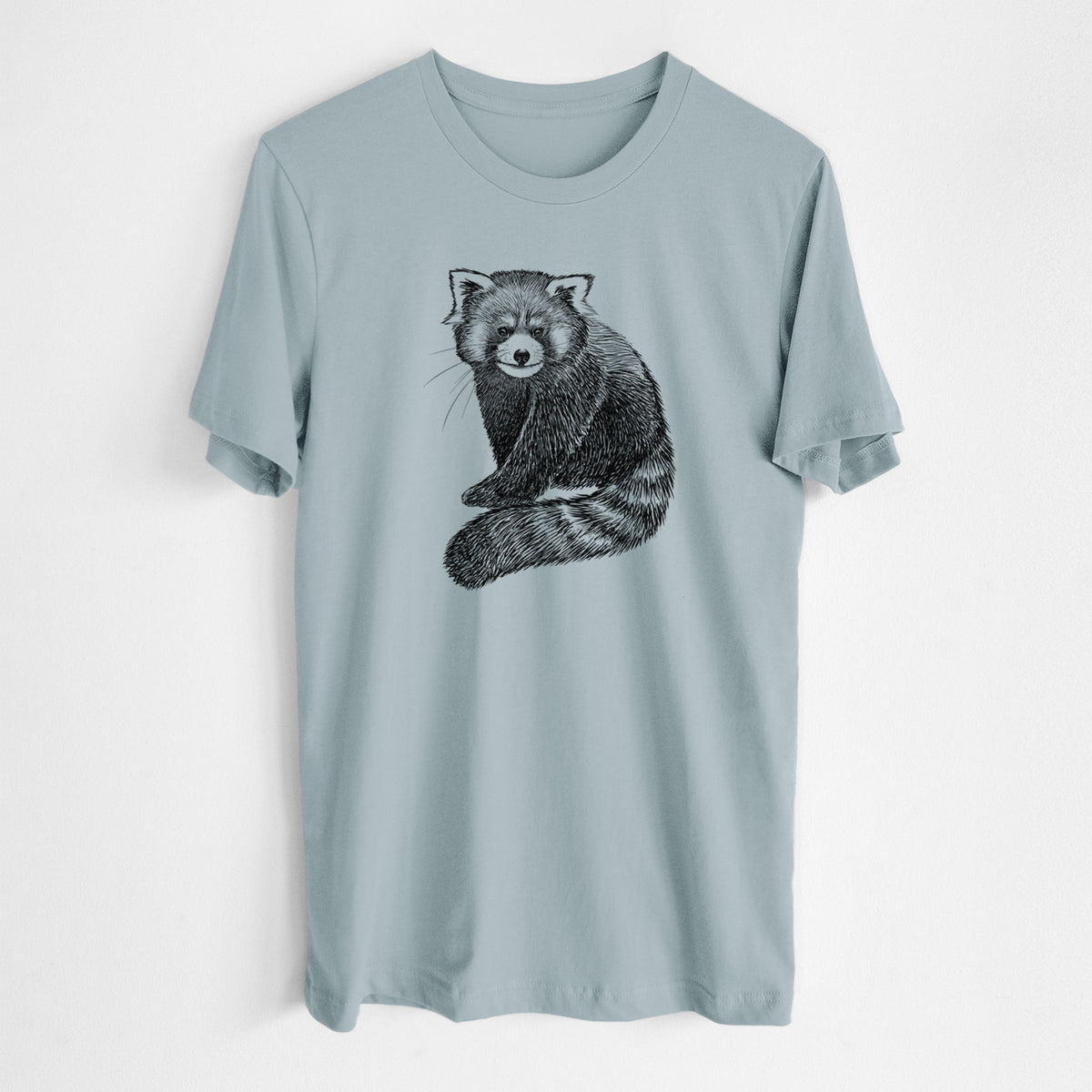 Vintage denim lightweight cotton t-shirt laid flat, printed with a detailed black ink illustration of a red panda sitting with its striped tail wrapped around.